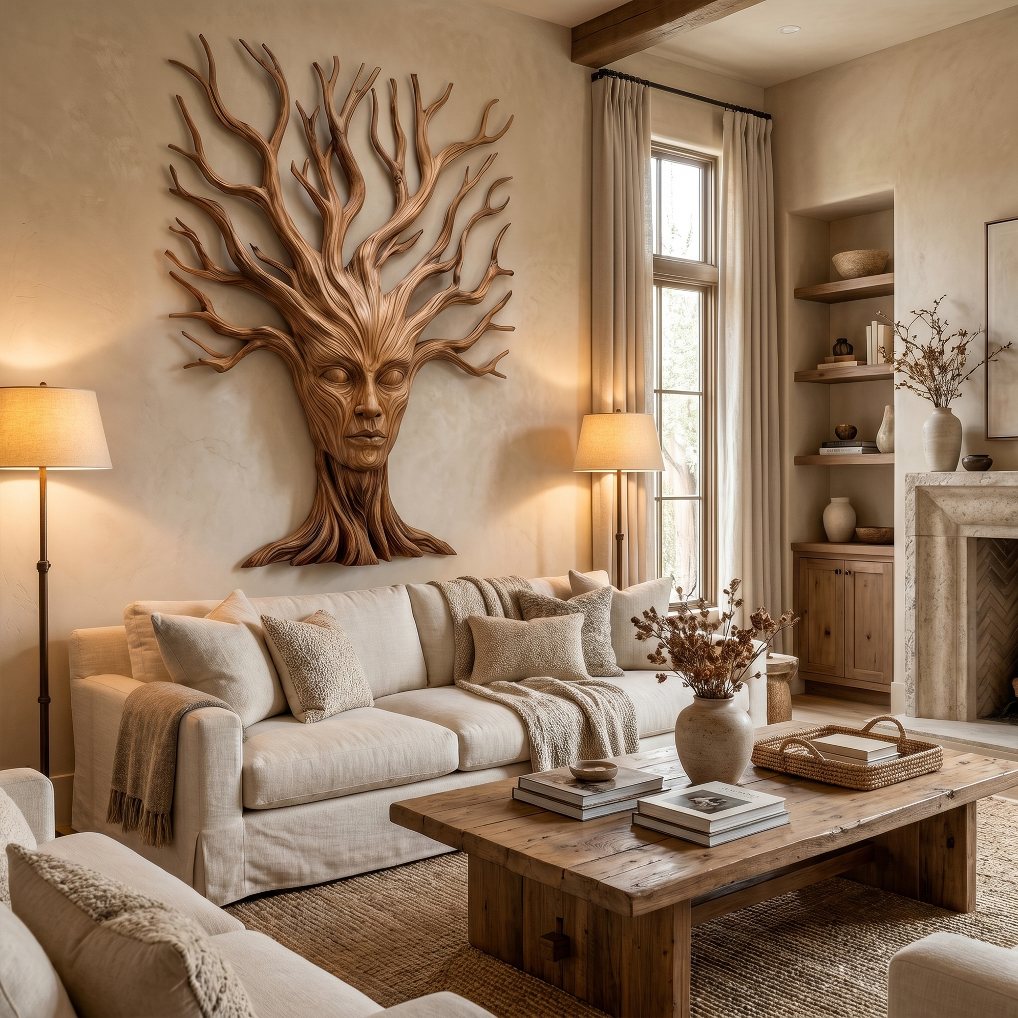 Mystical Tree Spirit Wooden Wall Art With Sculptural Face Design For Entryway And Living Room SINLKIWD104