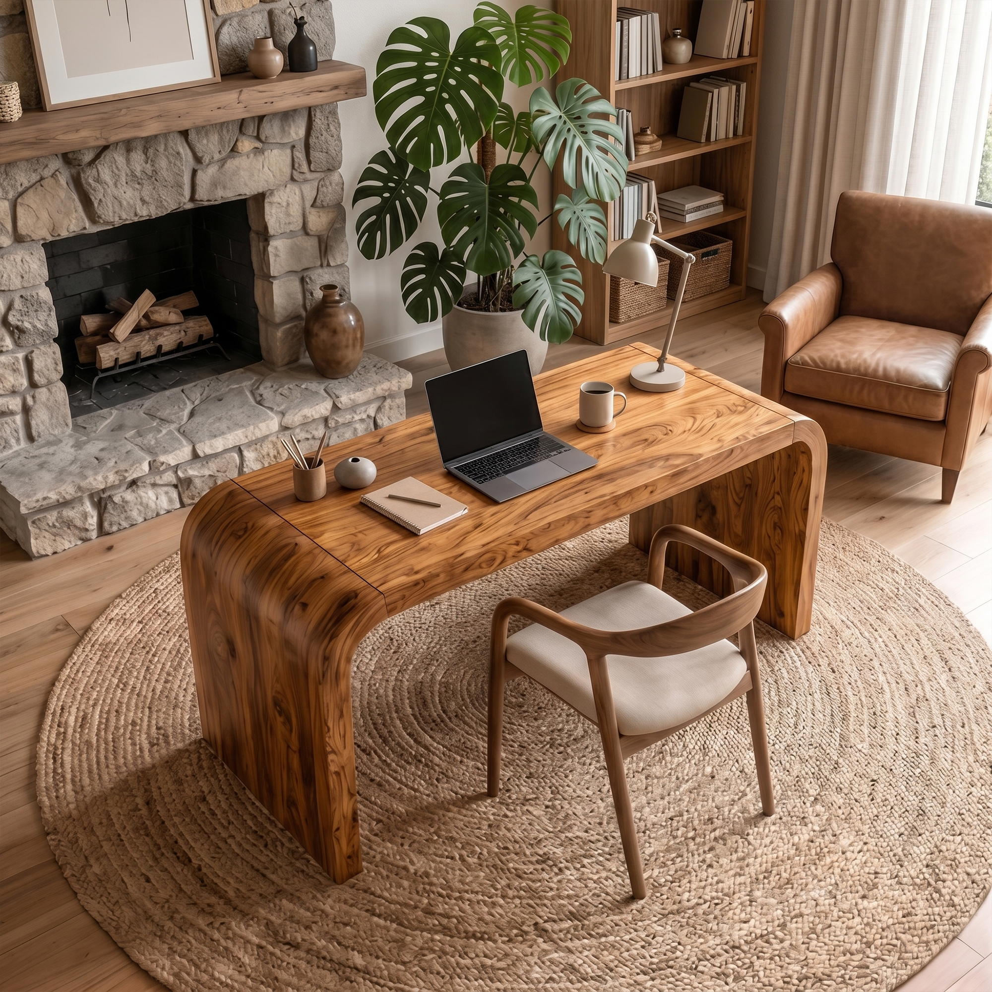 Organic Curved Wooden Desk With Waterfall Edge Design For Home Office And Workspace SINLKIDK108