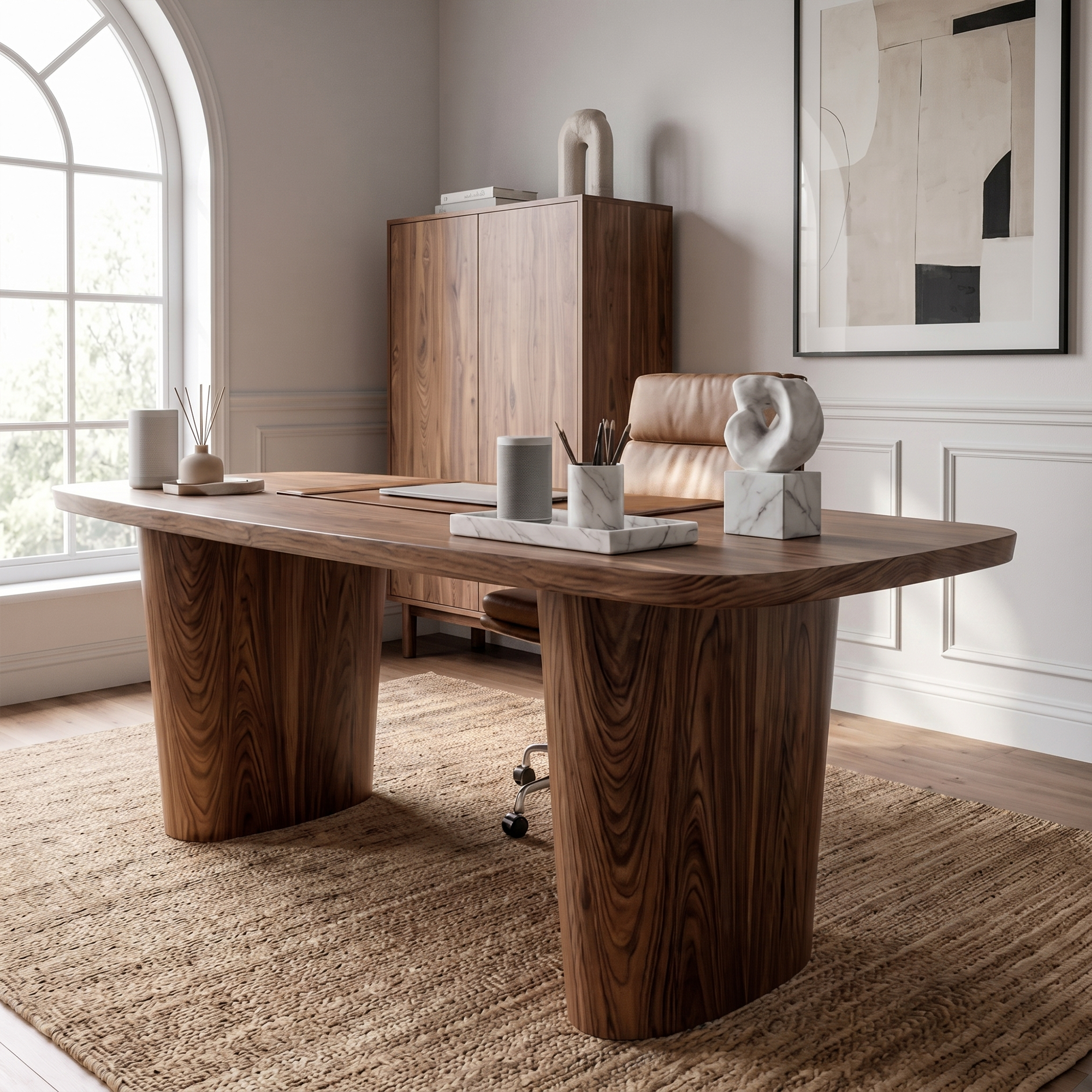 Modern Executive Wooden Desk With Sculptural Solid Wood Base For Home Office And Workspace SINLKIDK109