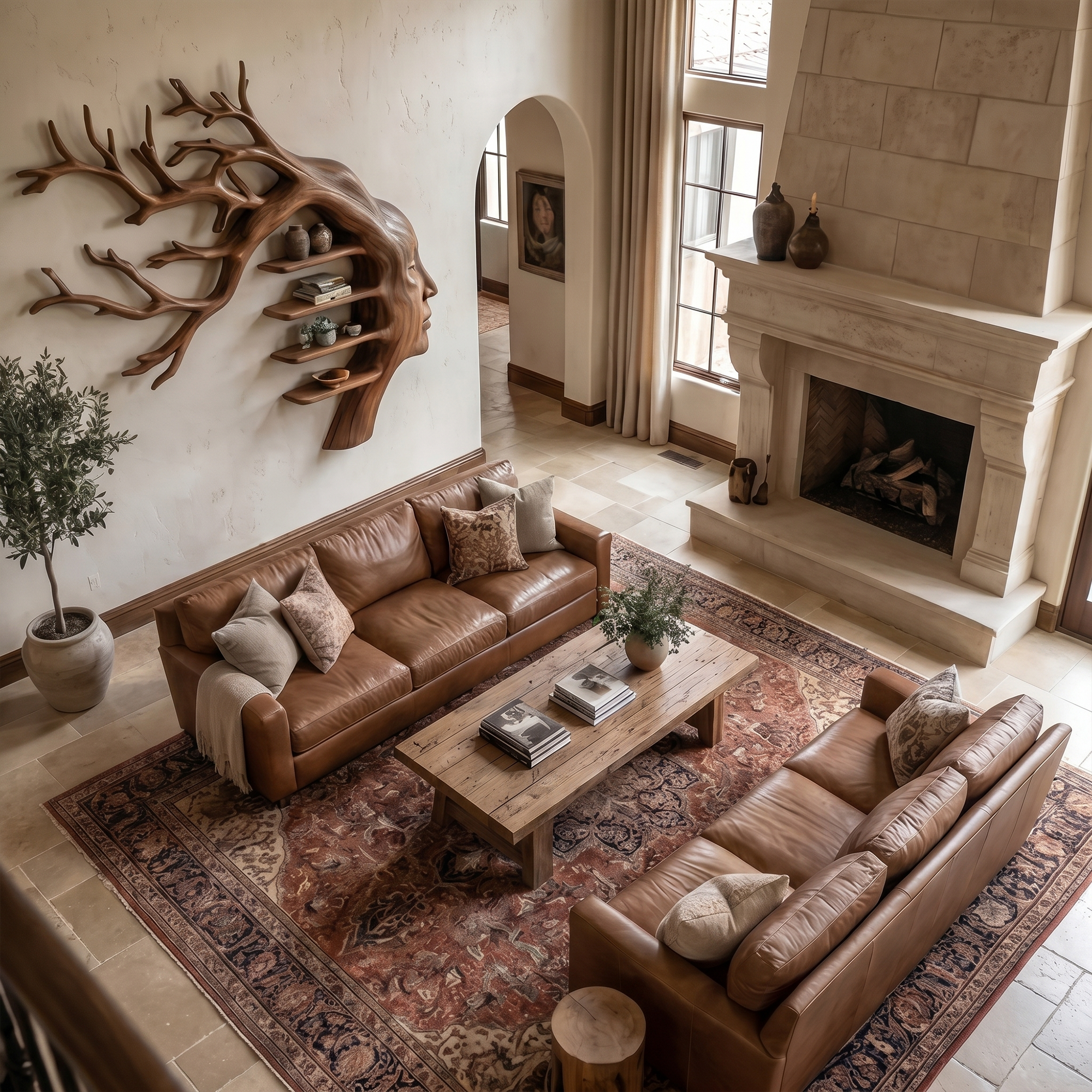 Rustic Tree Branch Wooden Wall Art With Floating Shelves For Living Room And Entryway SINLKIWD105