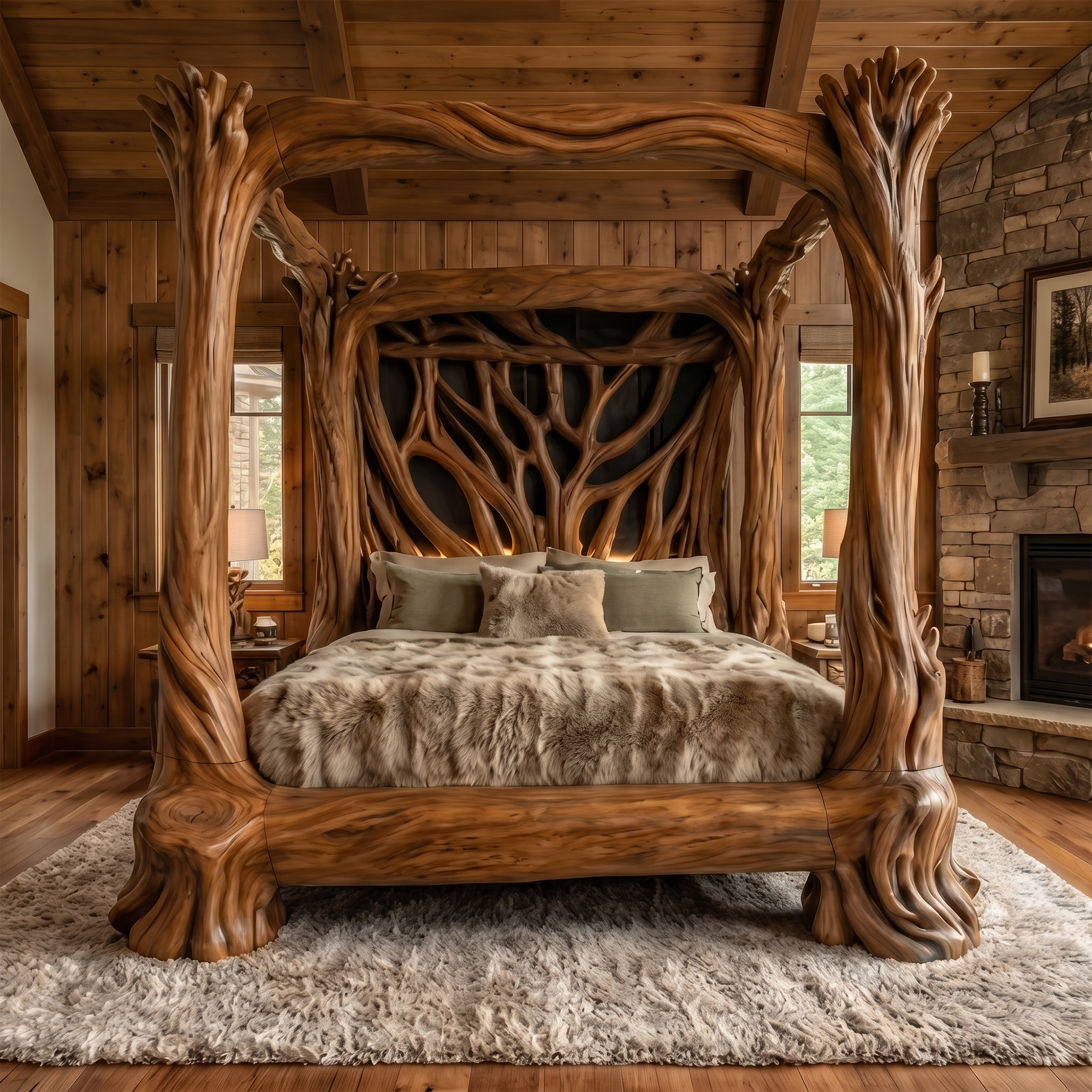 Organic Sculptural Canopy Bed With Handcrafted Tree Branch Wood Frame For Bedroom Decor SINLKIWB120