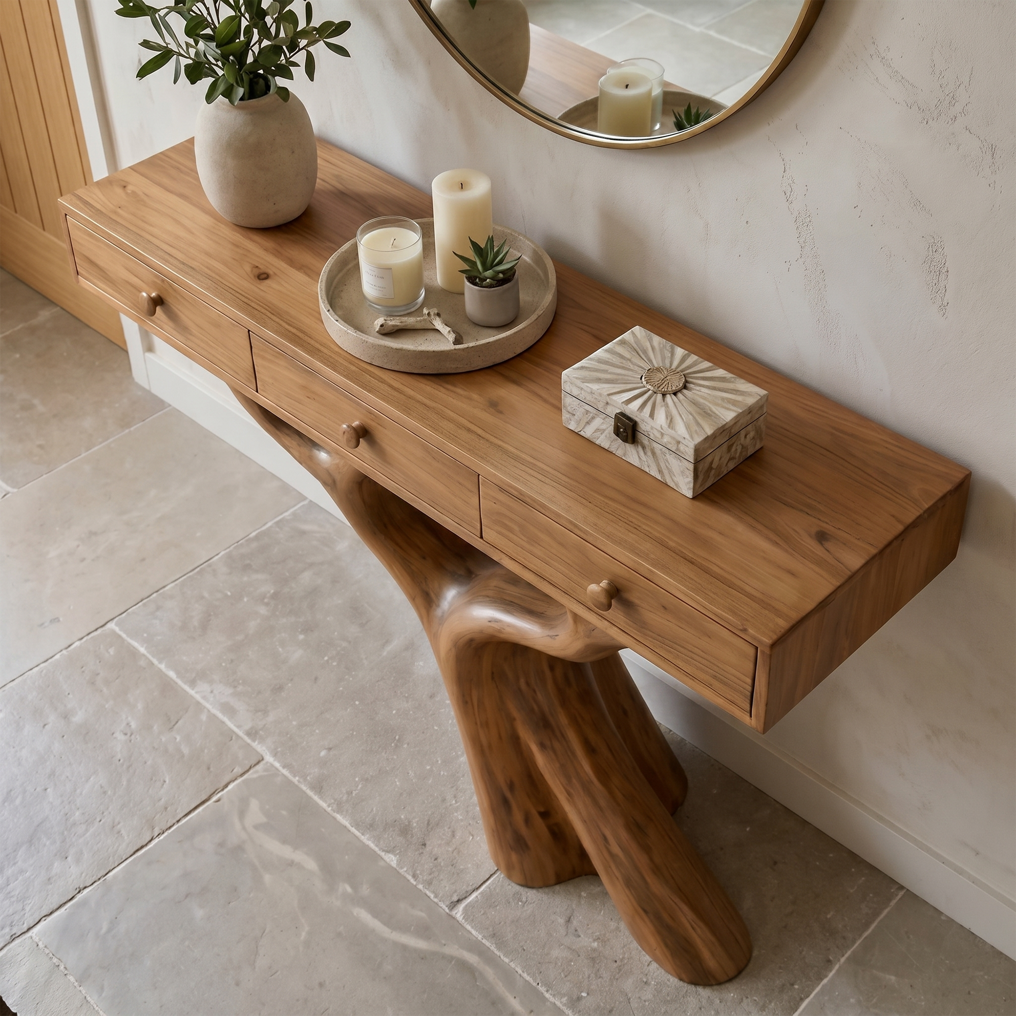 Organic Console Table With Built In Storage Cabinet And Sculptural Curved Wood Base For Entryway And Living Room SINLKICS593