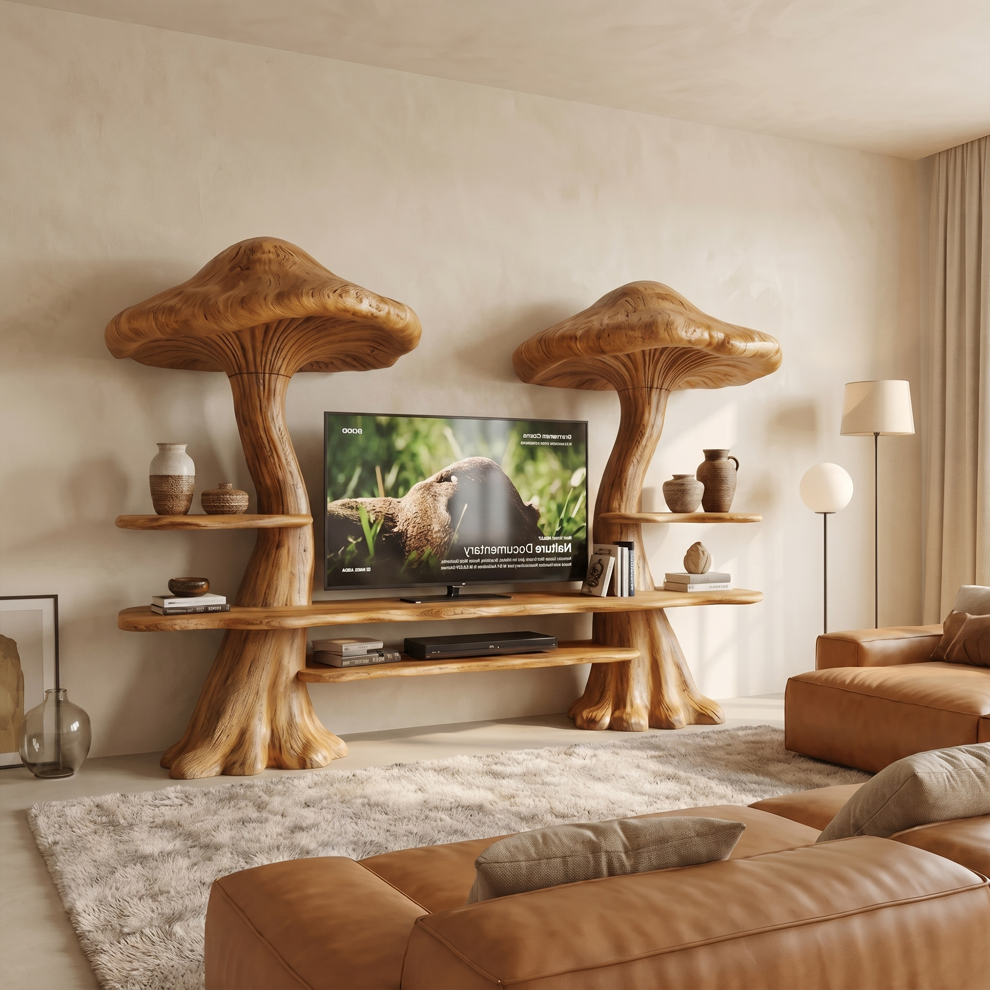 Rustic Mushroom TV Cabinet With Integrated Display Shelves And Media Storage For Living Room SINLKITC051