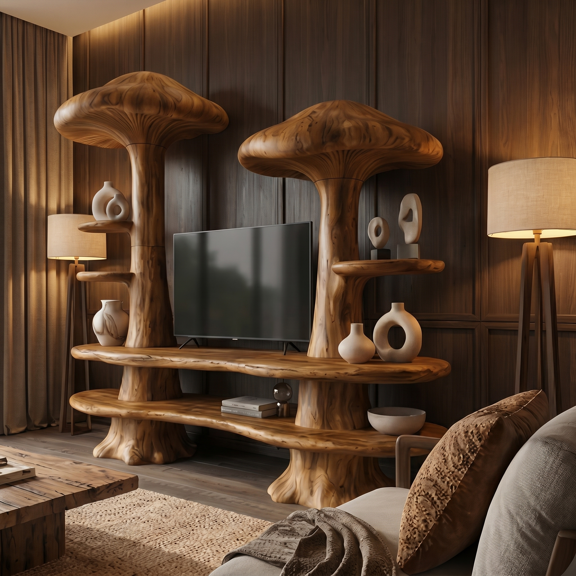 Rustic Mushroom TV Cabinet With Open Display Storage And Media Console For Living Room SINLKITC054