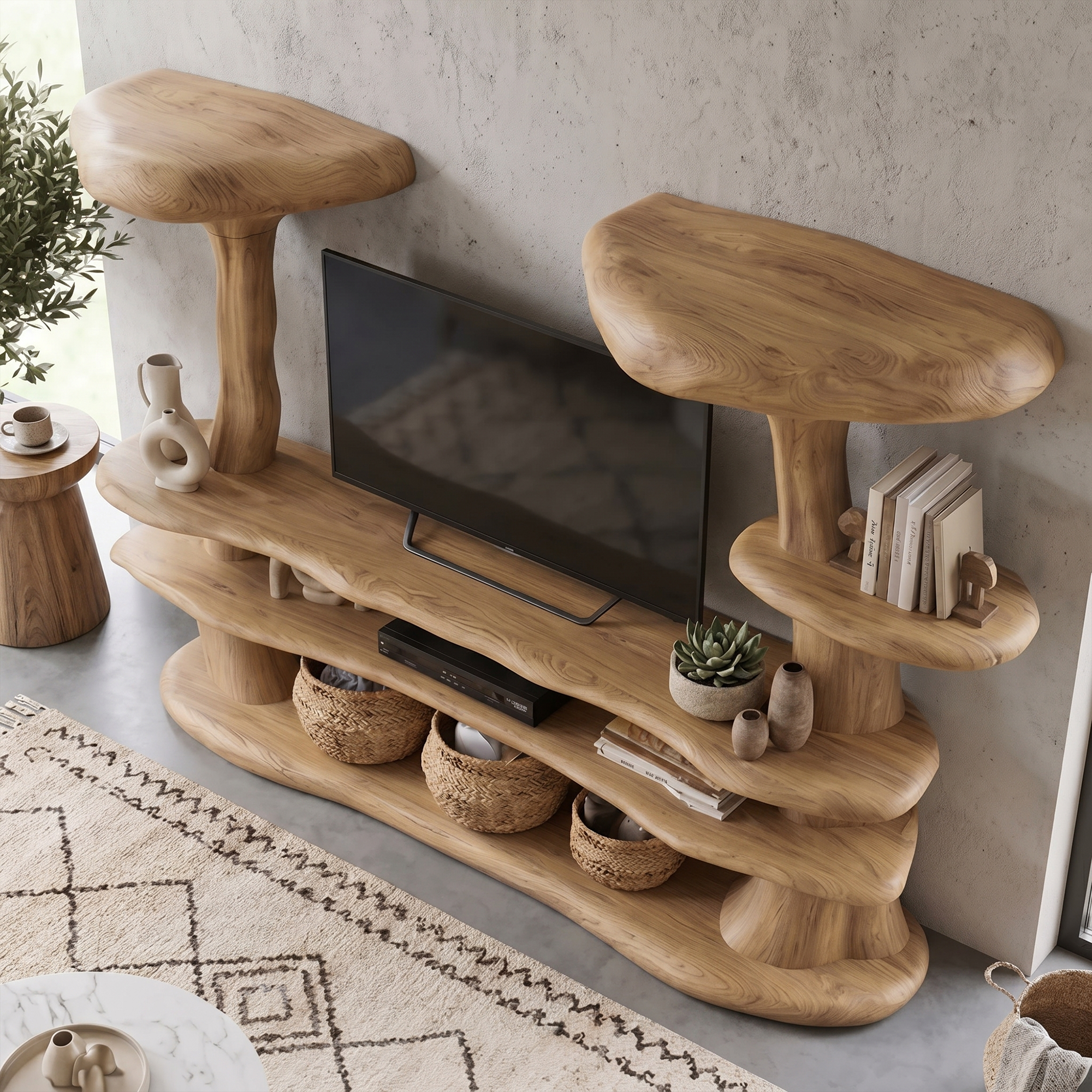 Organic Mushroom TV Stand With Sculptural Solid Wood Design For Living Room SINLKITC055