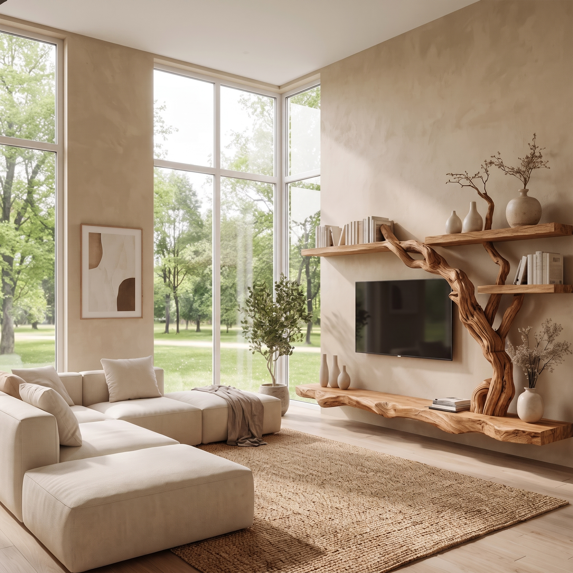 Rustic Wall Mounted TV Stand With Natural Wood Design For Living Room SINLKITC080