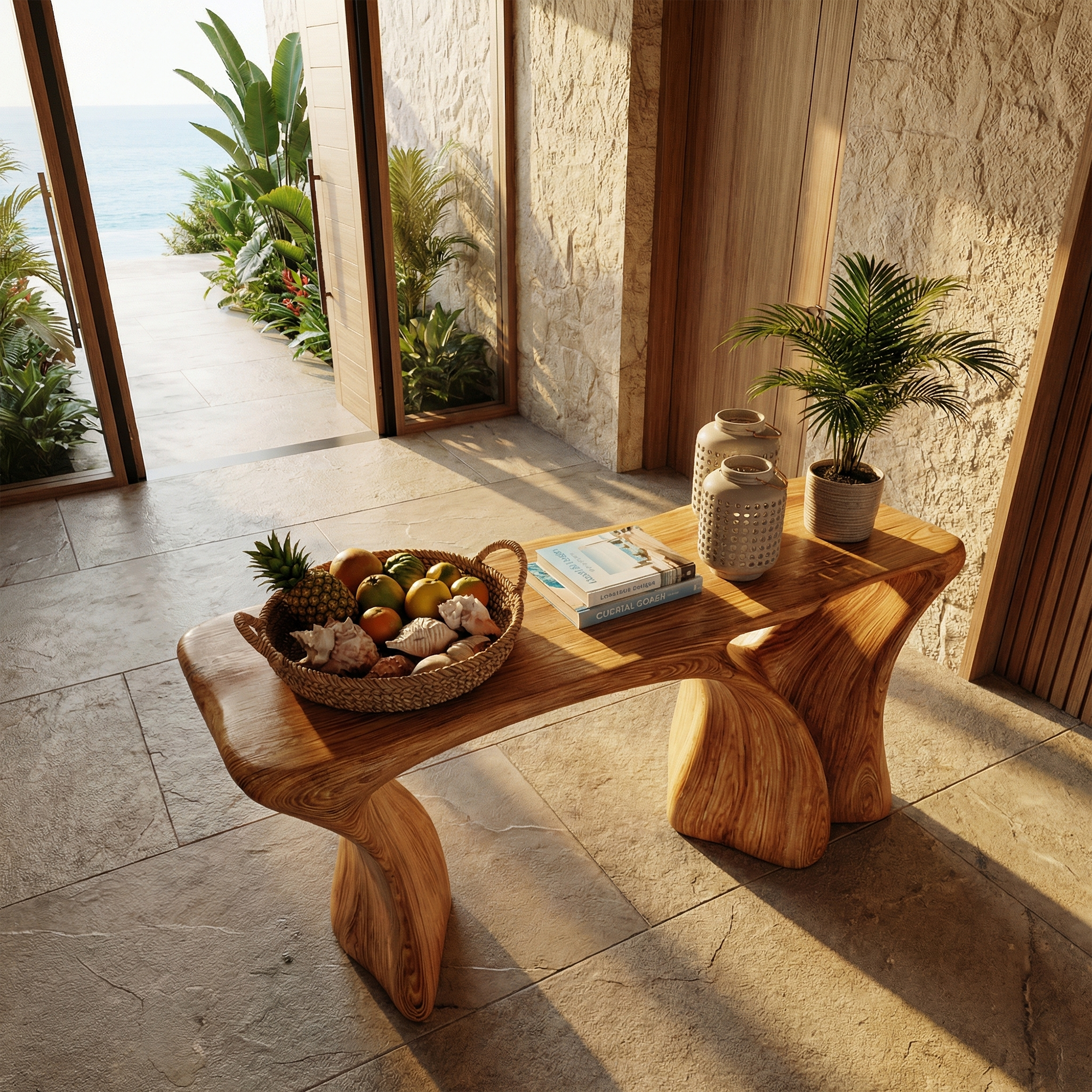 Modern Organic Console Table Solid Wood Curved Sculptural Form Entryway Or Hallway SINLKICS548