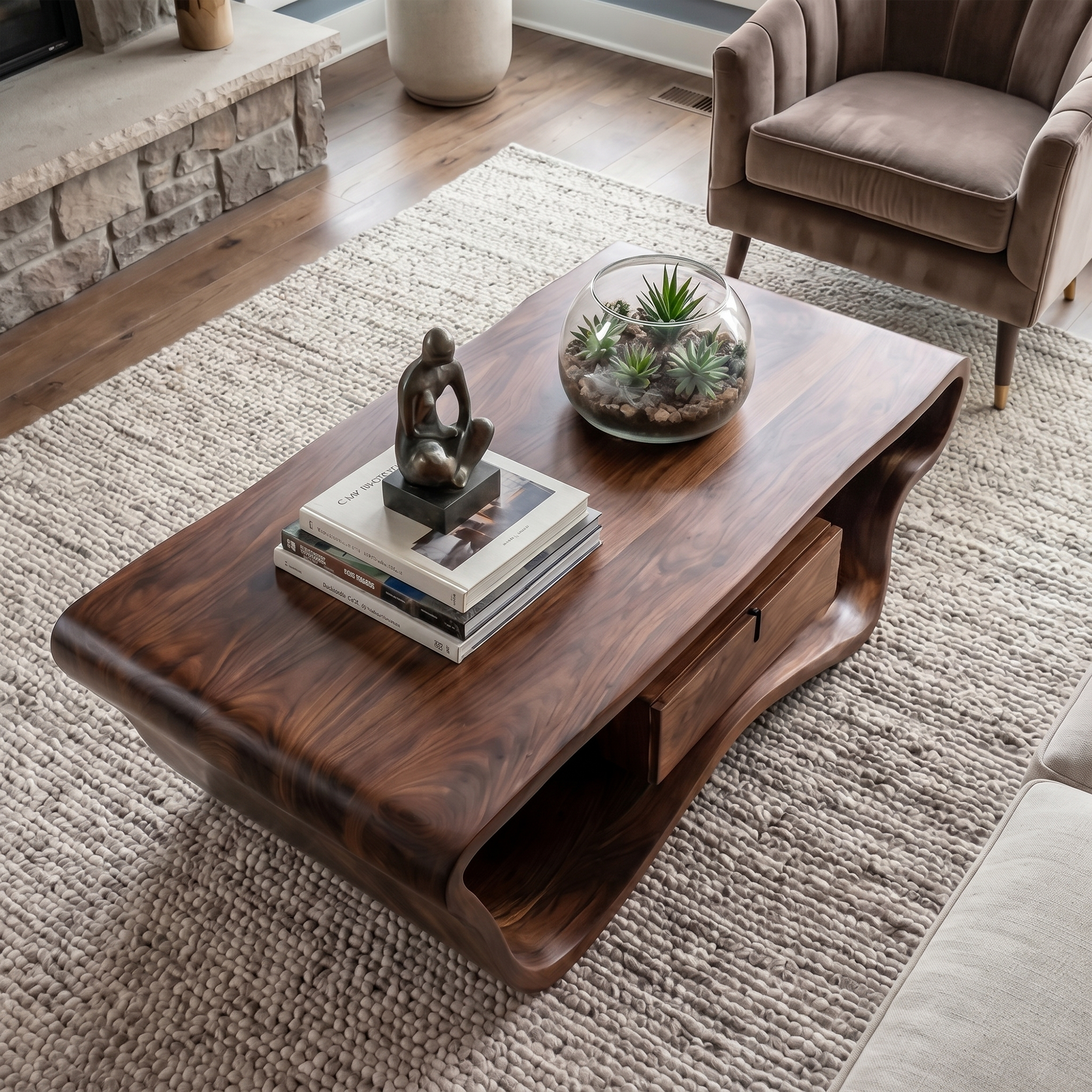 Curved Sculptural Coffee Table With Storage Drawer For Living Room SINLKICF361