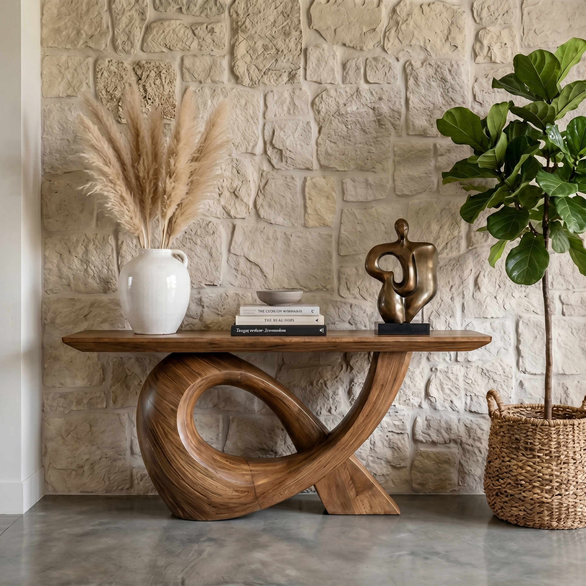 Sculptural Console Table With Flowing Curved Wood Base For Entryway And Living Room SINLKICS596
