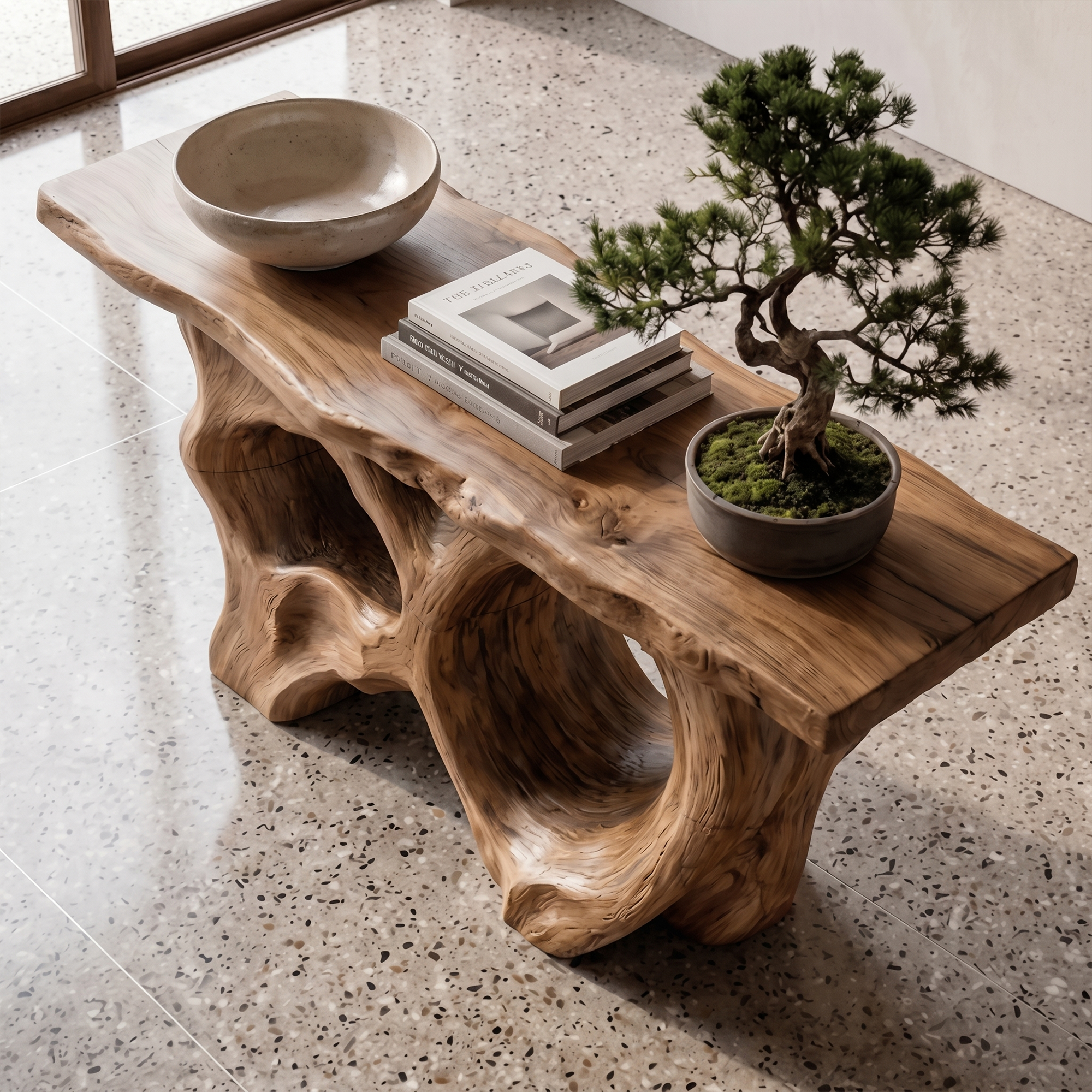 Modern Console Table With Sculptural Asymmetrical Wood Base  For Living Room SINLKICS598