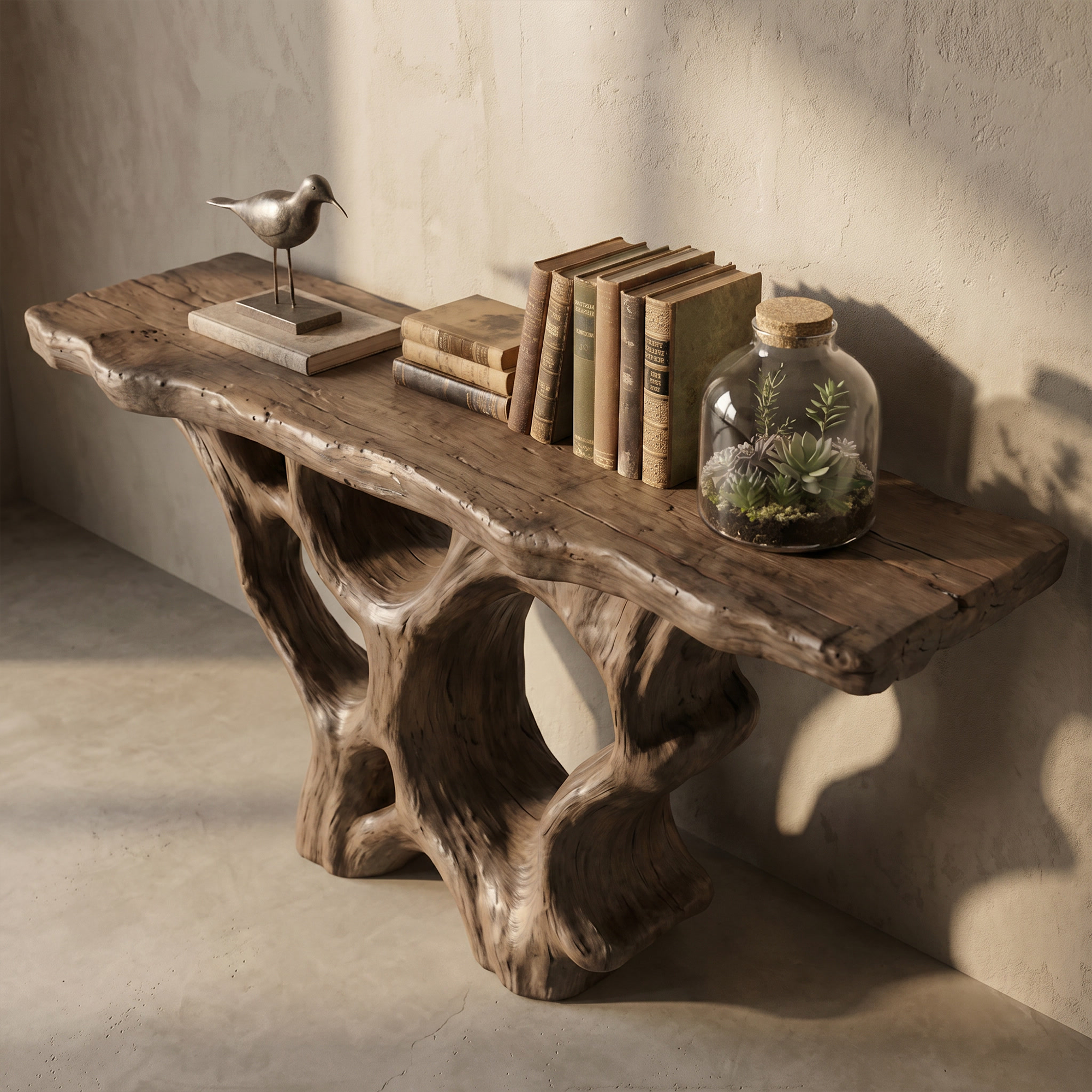 Organic Unique Console Table With Sculptural Natural Wood Base For Living Room SINLKICS599