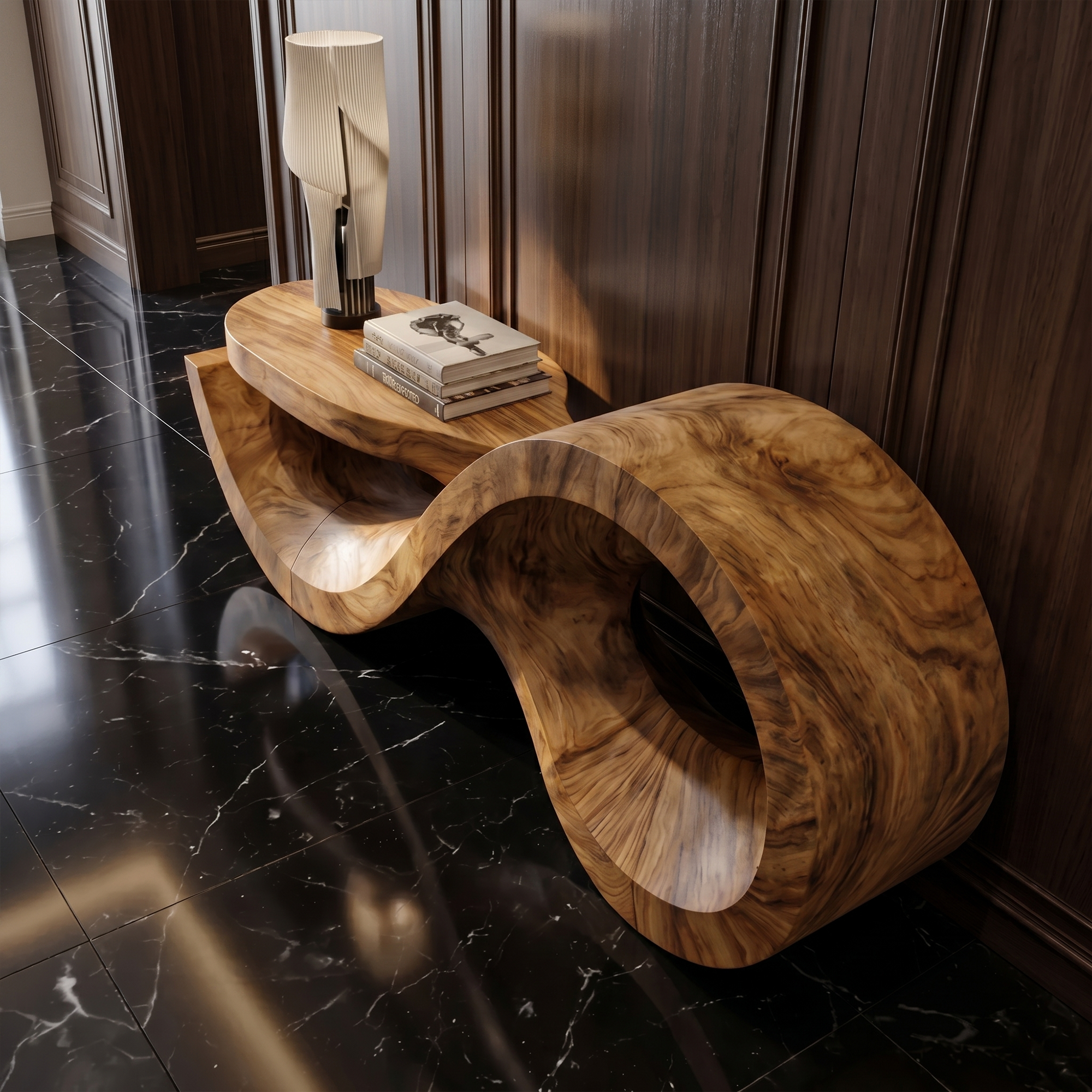 Contemporary Console Table With Sculptural Wave Wood Base And Solid Wood Top For Living Room SINLKICS601