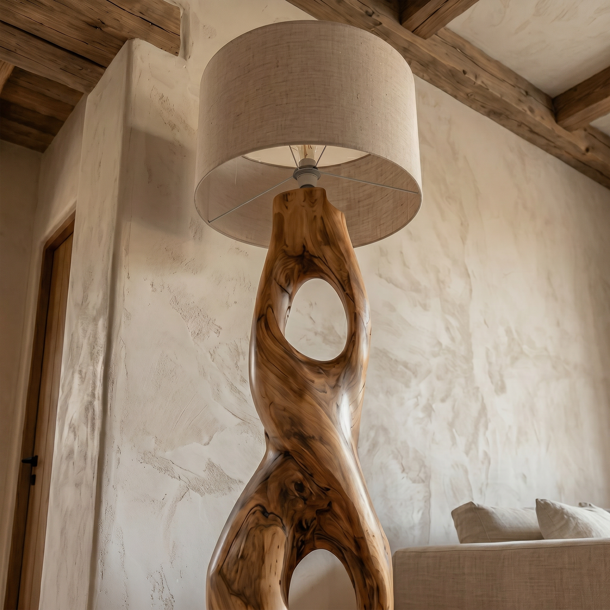 Rustic Floor Lamp With Handcrafted Hollow Wood Sculpture Base For Living Room SINLKIFLP088