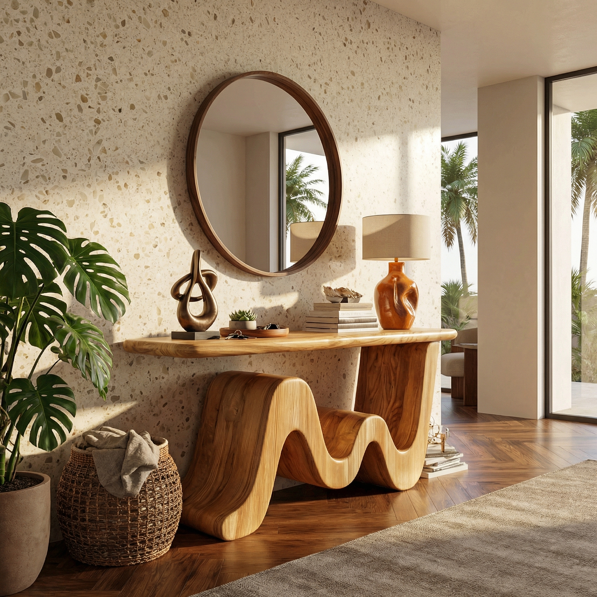 Wave Console Table Solid Wood Soft Curved Shape Living Room And Entryway SINLKICS558