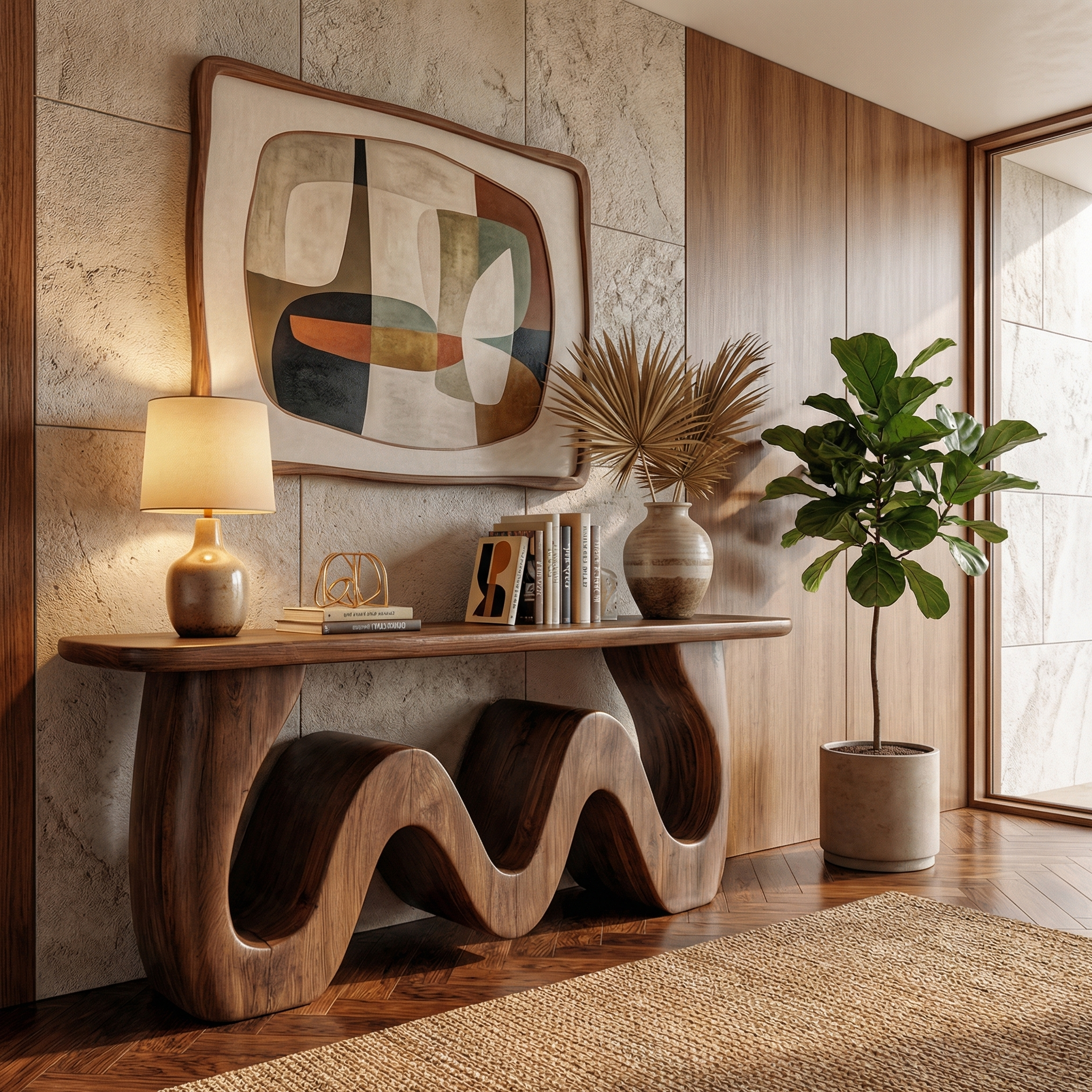 Organic Wave Console Table Solid Wood Bold Sculptural Curve Design Entryway And Living Room SINLKICS559