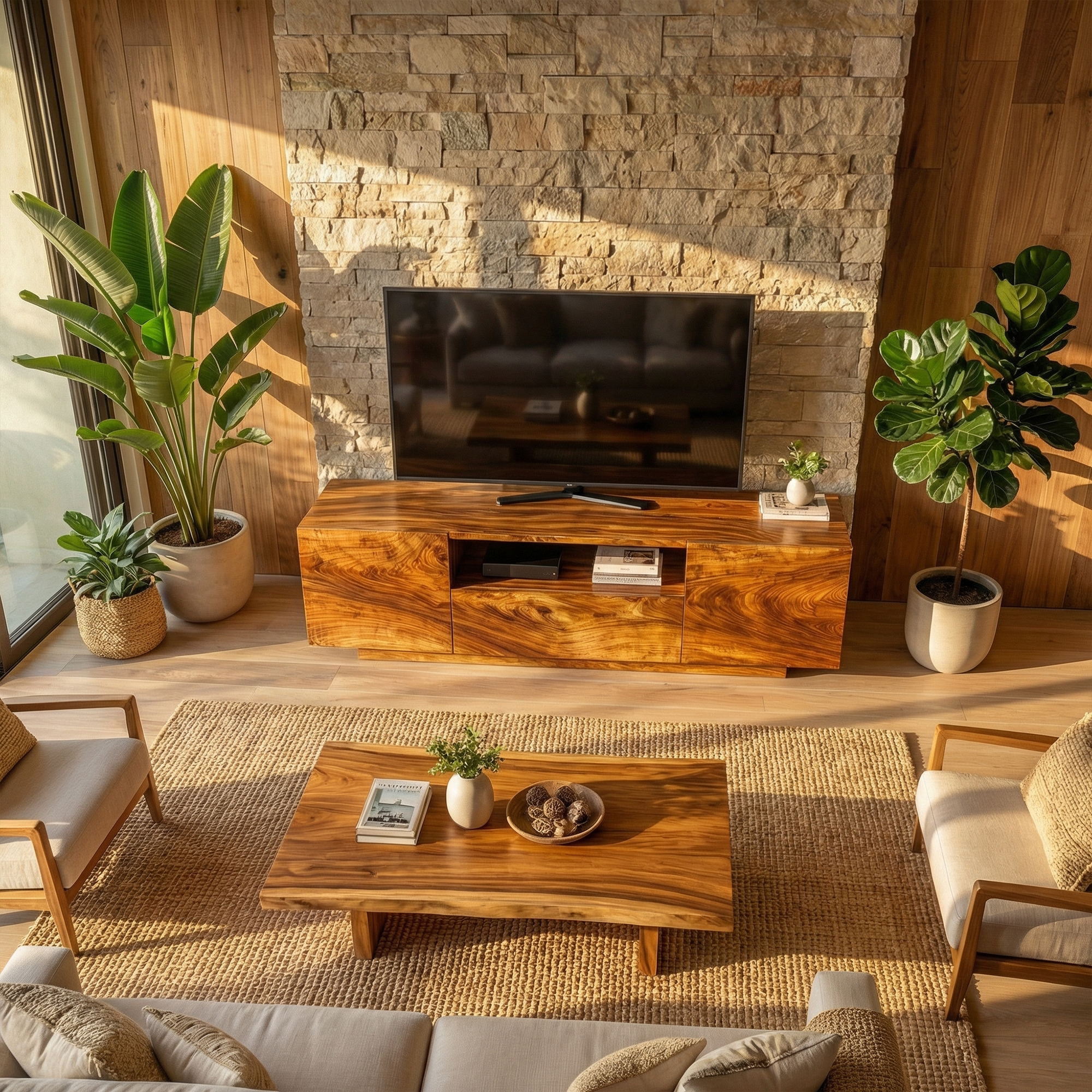 Modern Rustic TV Cabinet Solid Wood Low Profile Block Design Living Room SINLKITC030