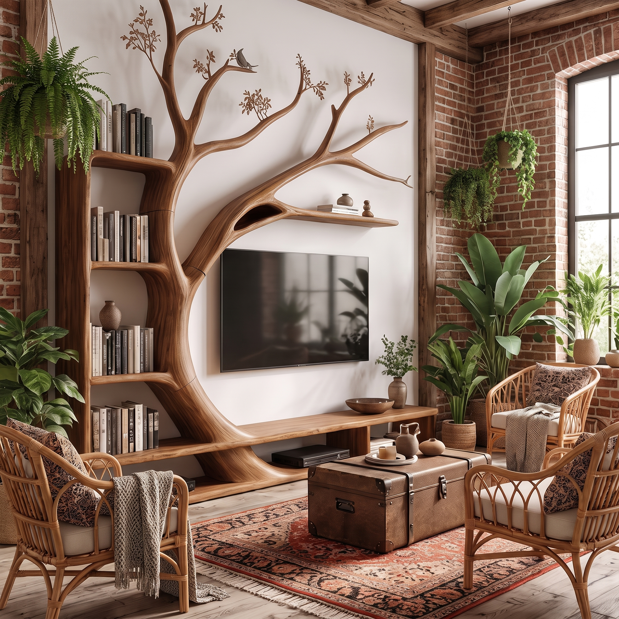 Handcrafted TV Cabinet With Artistic Tree Bookcase For Living Room SINLKITC084