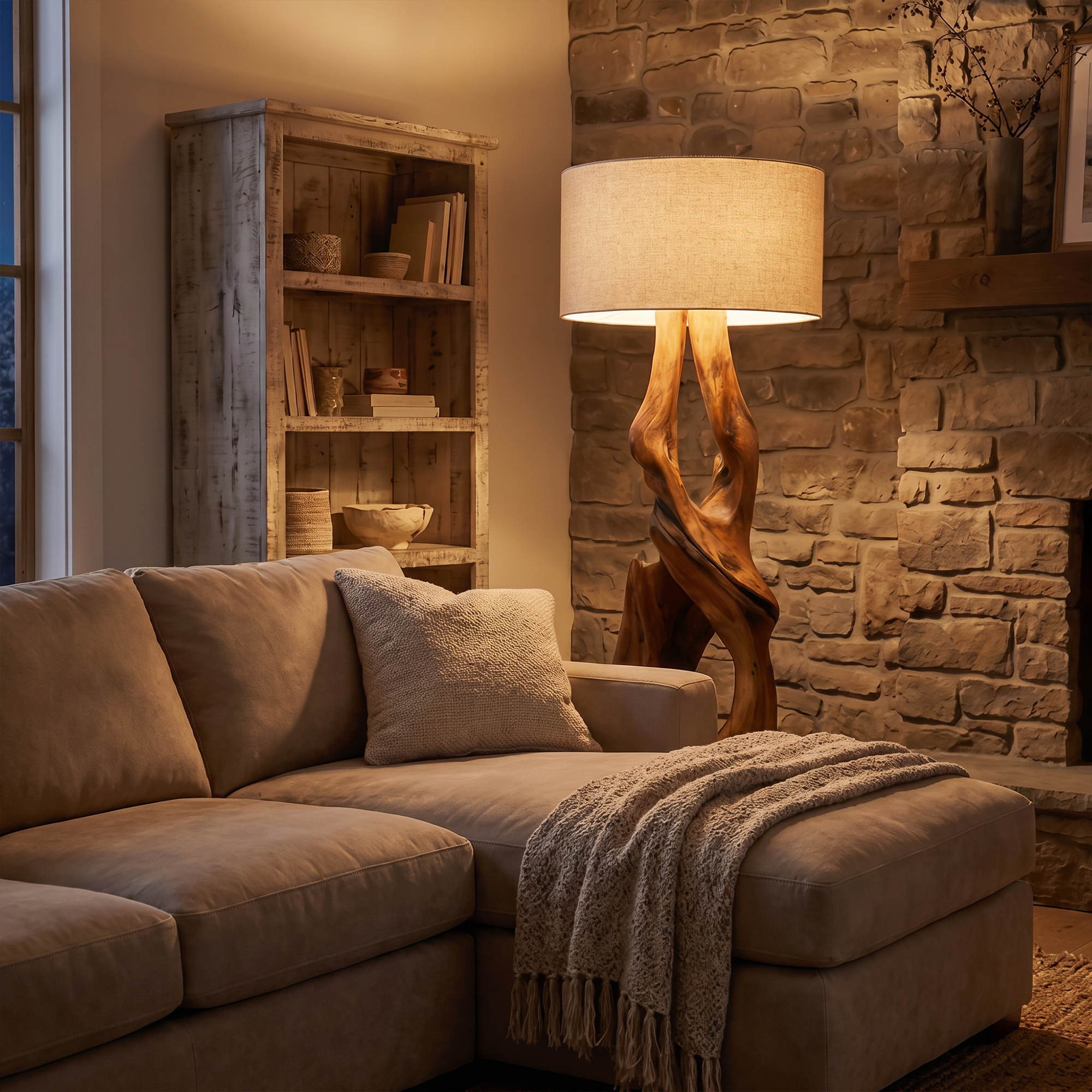 Contemporary Organic Floor Lamp With Artistic Hollow Wood Structure For Living Room SINLKIFLP092