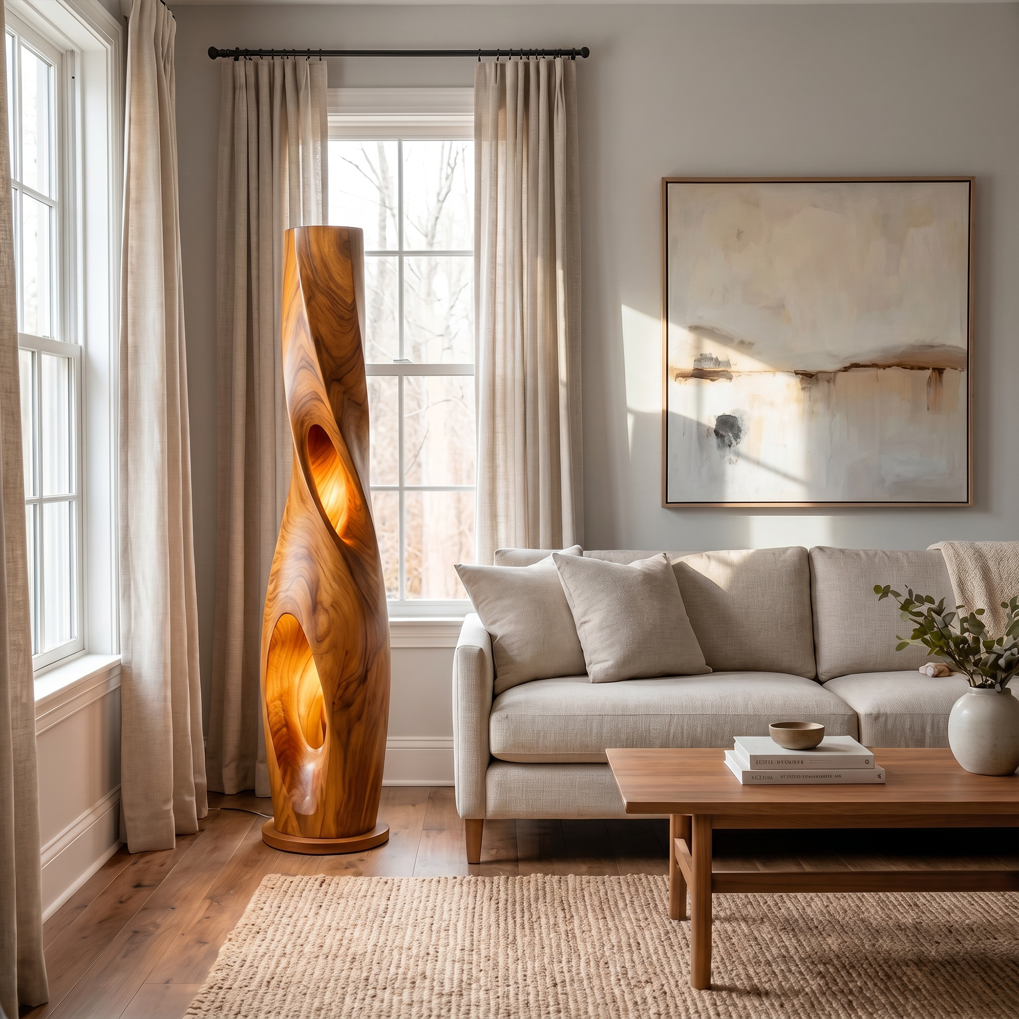 Modern Sculptural Floor Lamp With Hollow Solid Wood Design For Living Room SINLKIFLP095