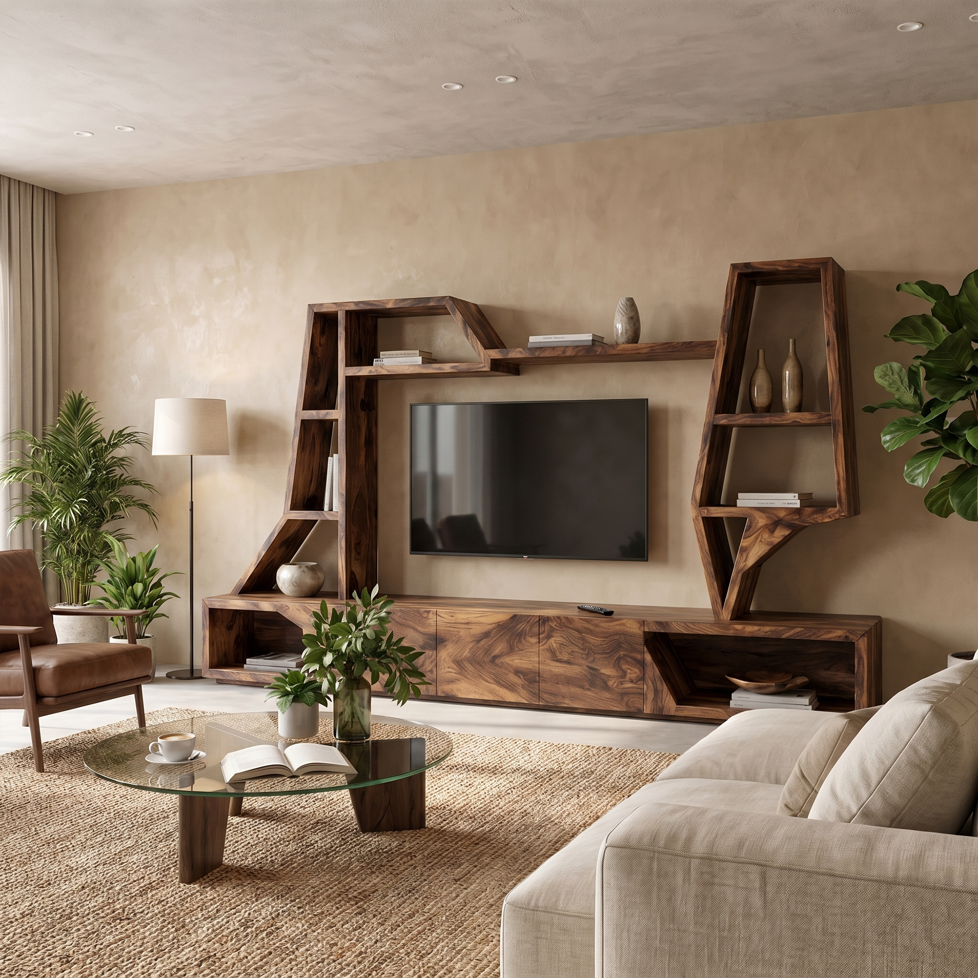 Organic TV Cabinet With Sculptural Branch Shelving And Wall Mounted Storage For Living Room SINLKITC056