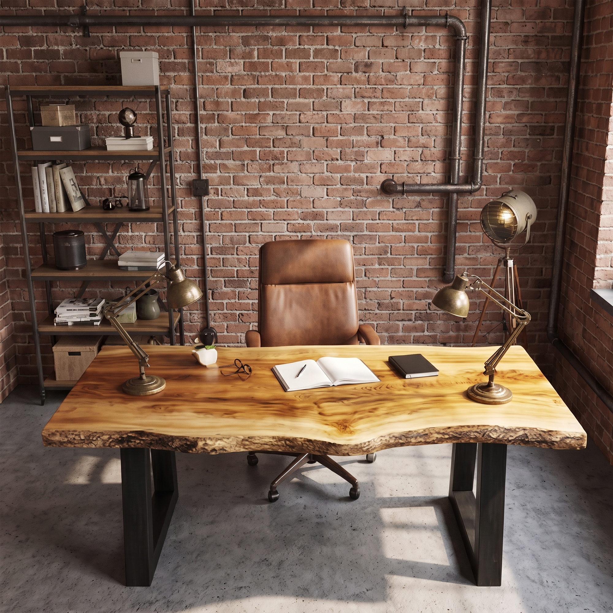 Modern Desk With Live Edge Solid Wood Top And Steel Base For Workspace SINLKIDK156