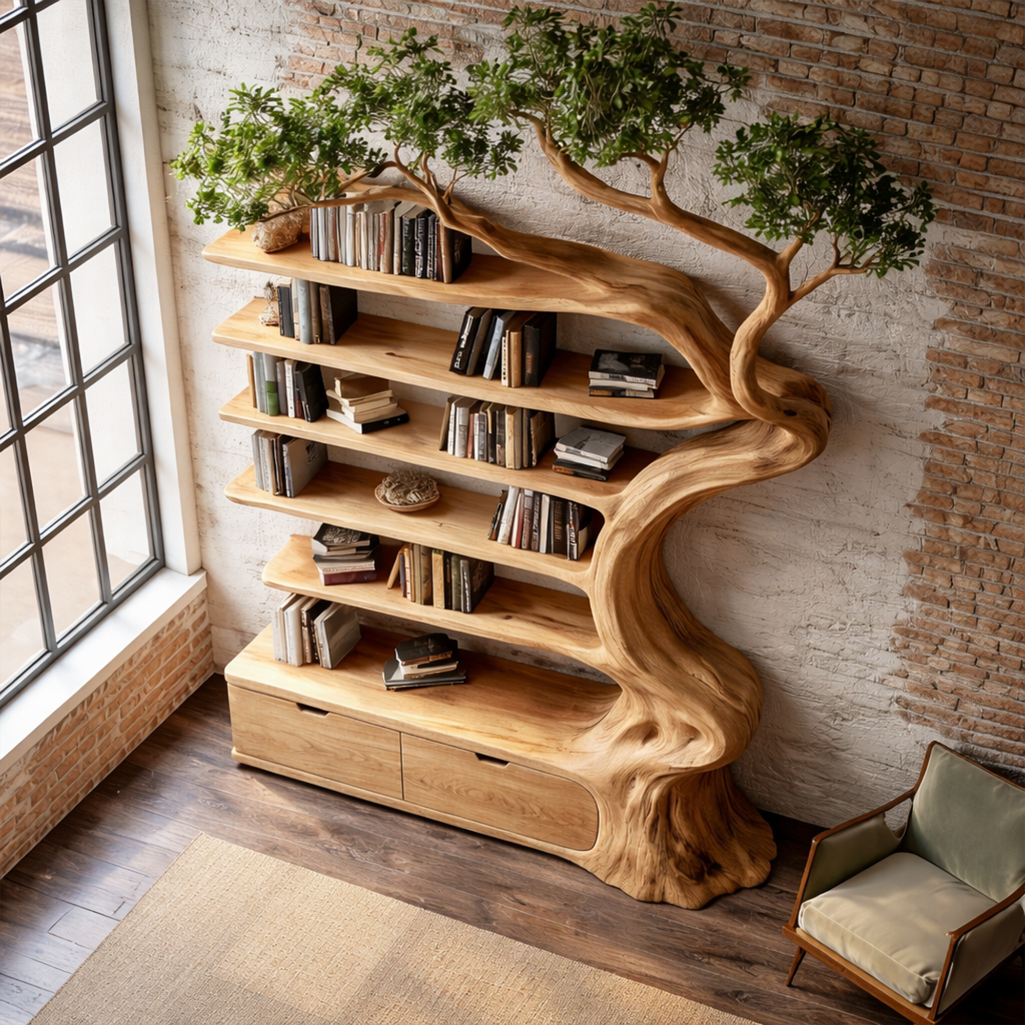 Rustic Tree Bookshelf With Storage Cabinet For Living Room SINLKITB724