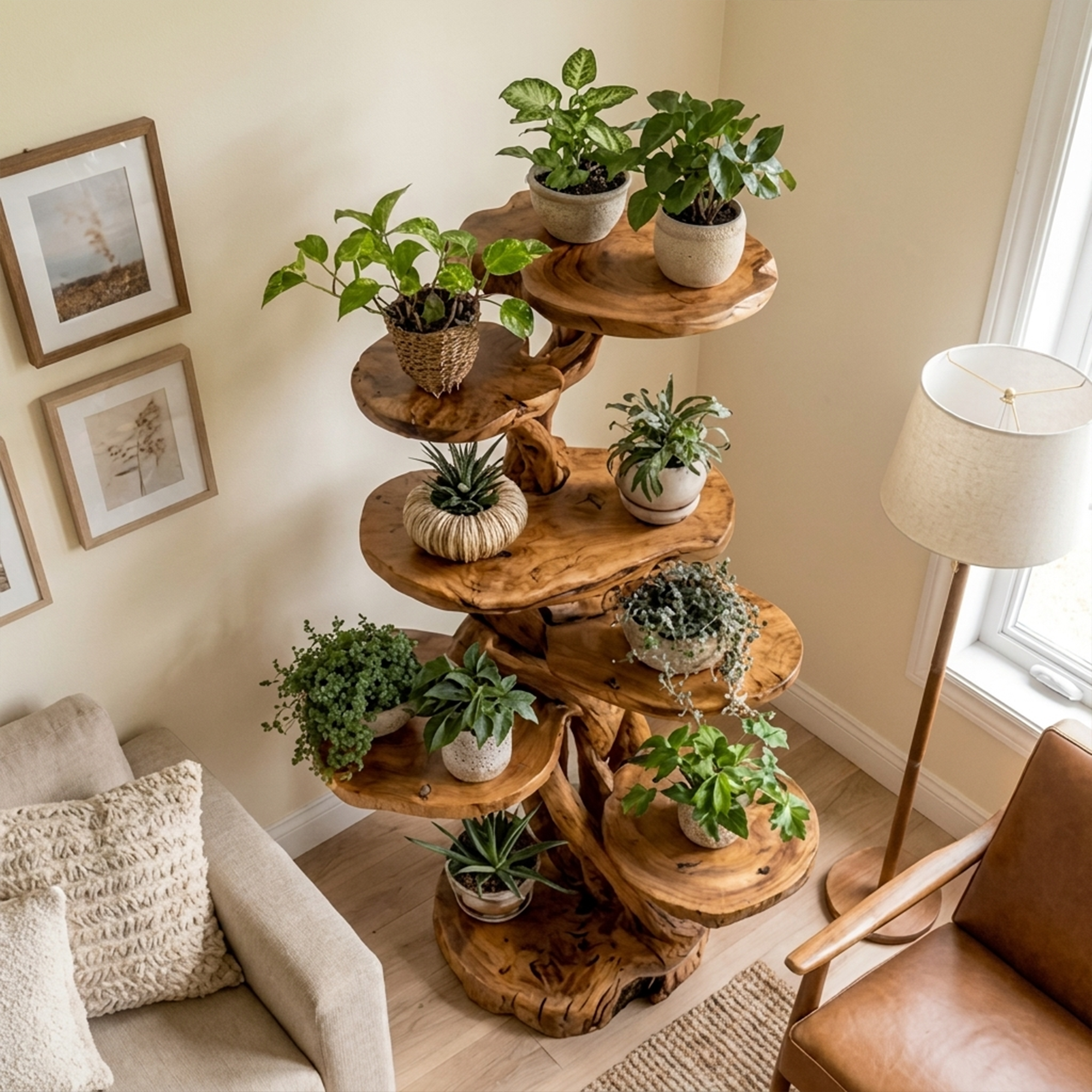 Rustic Tree Plant Shelf Natural Interior Design Home Decor SINLKITT079