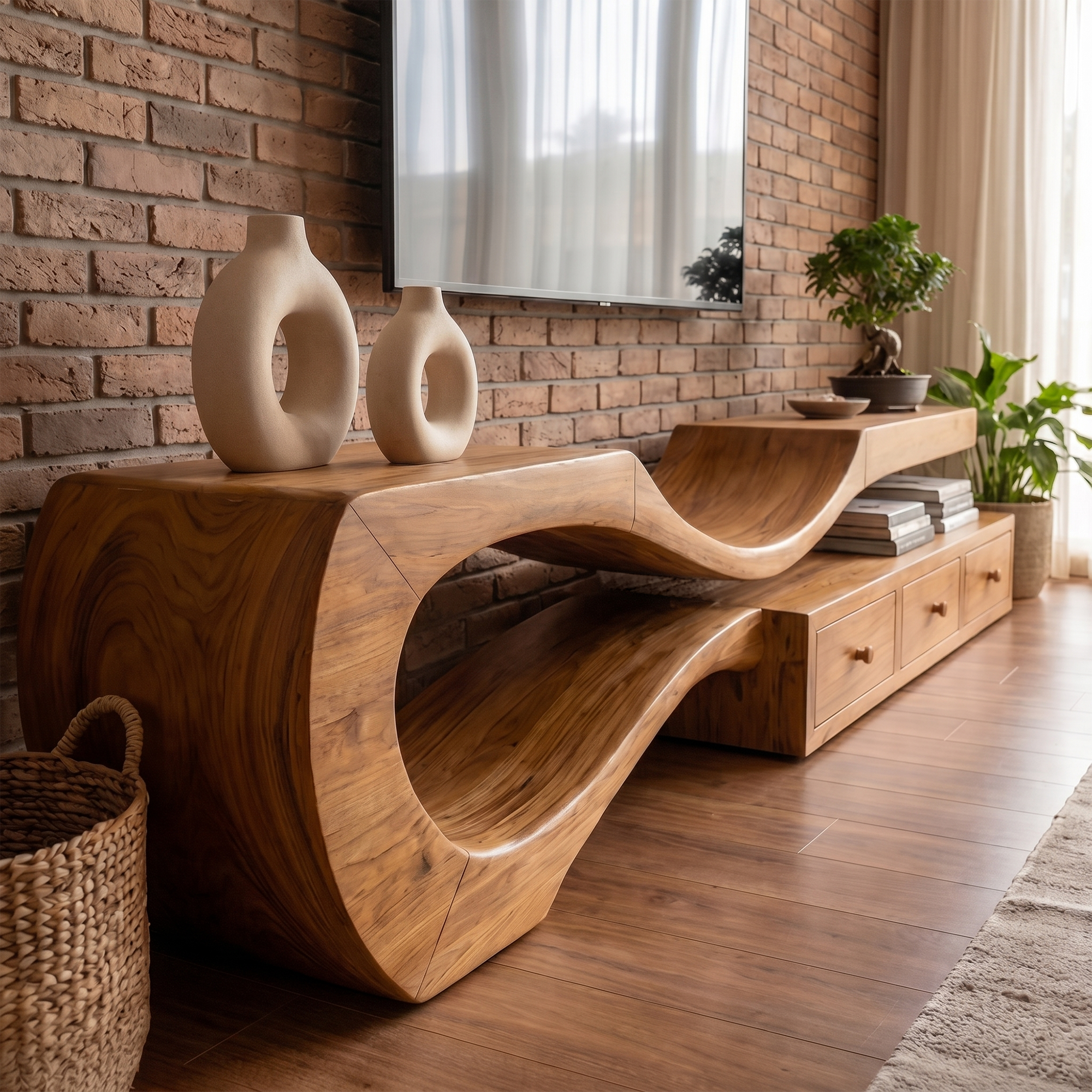 Modern TV Cabinet With Sculptural Curved Wood Base And Built In Storage Drawers For Living Room SINLKITC031