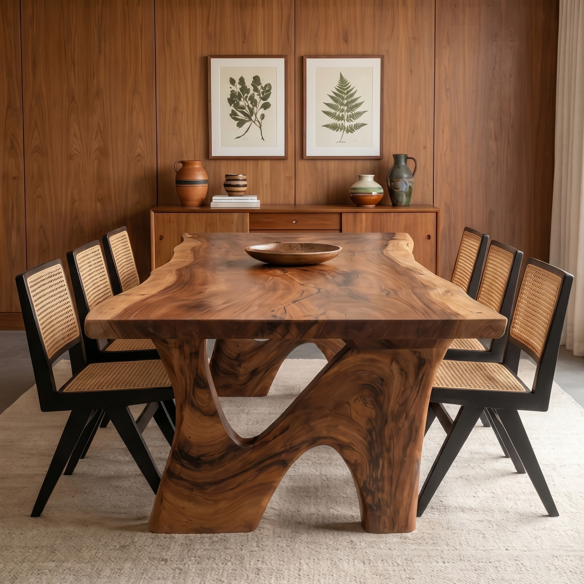 Rustic Modern Dining Table With Solid Wood Top And Sculptural Curved Base For Dining Room SINLKIDT186