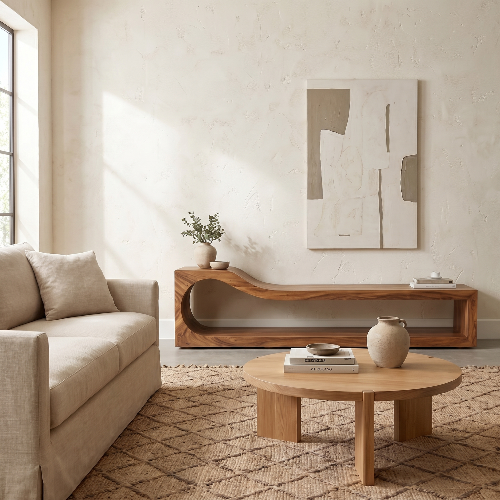 Organic TV Cabinet With Sculptural Wave Wood Base And Solid Wood Media Console For Living Room SINLKITC033