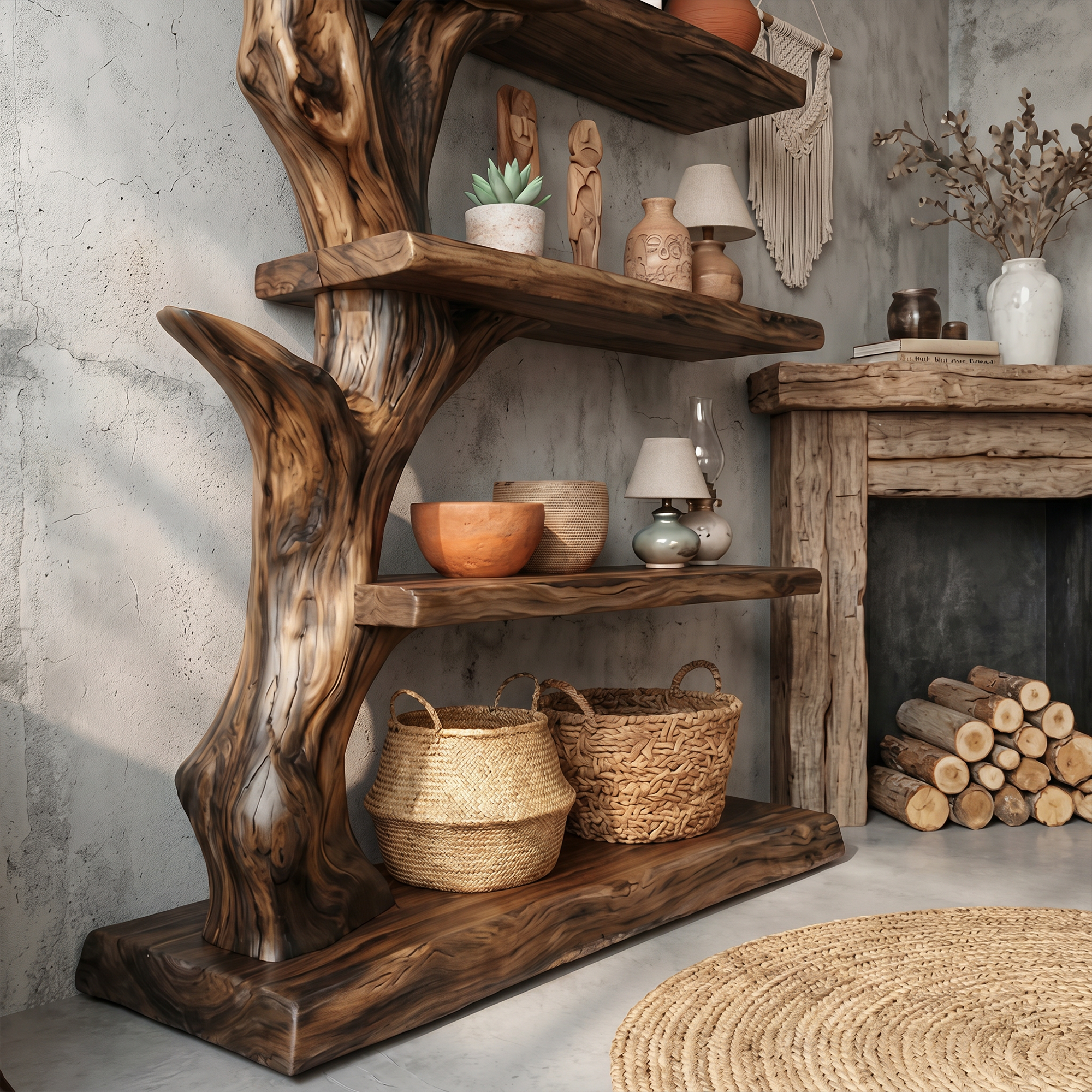 Rustic Tree Bookshelf With Handcrafted Branch Design And Open Display Shelves For Living Room SINLKITB736