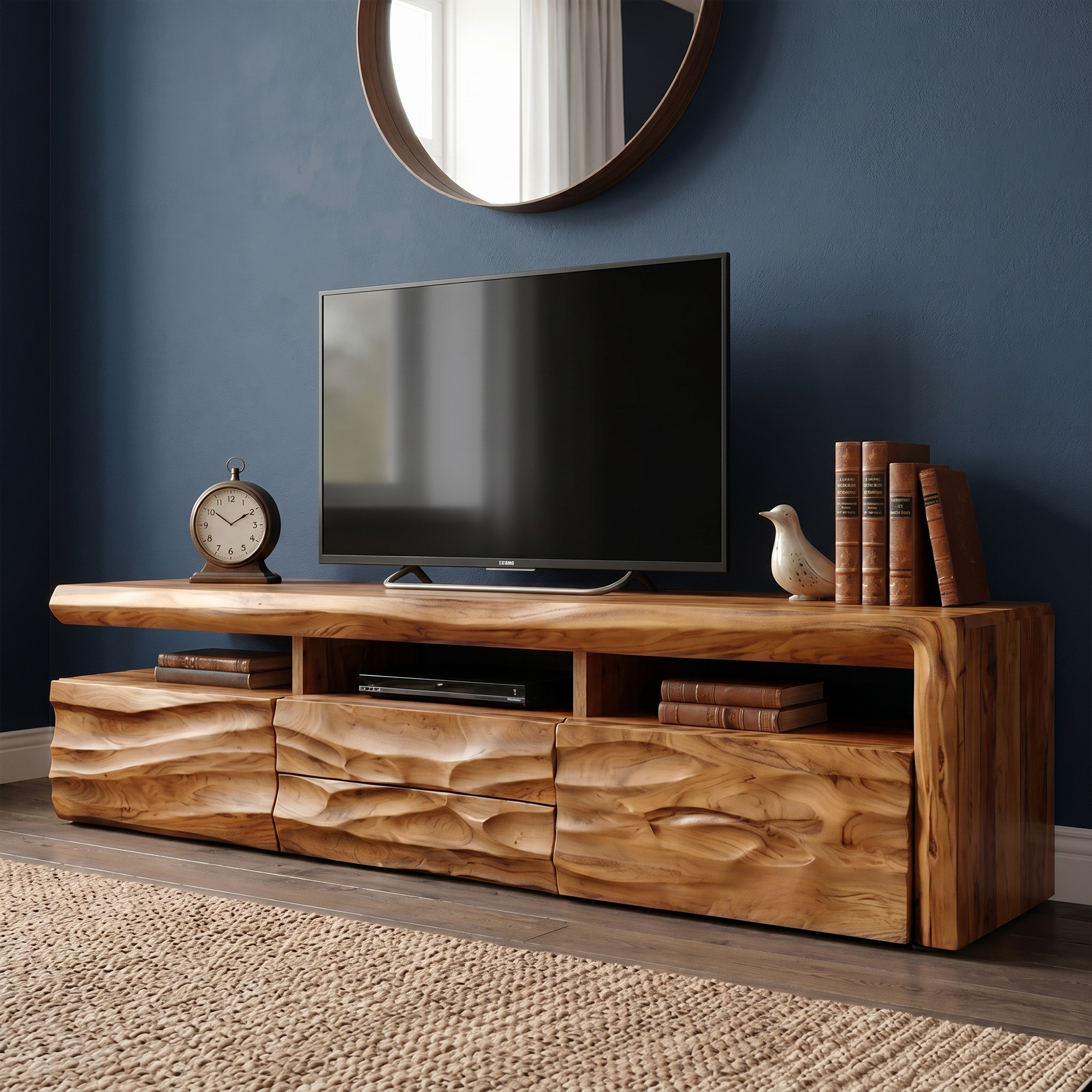 Organic TV Cabinet With Hand Carved Solid Wood Front And Open Media Storage For Living Room SINLKITC048