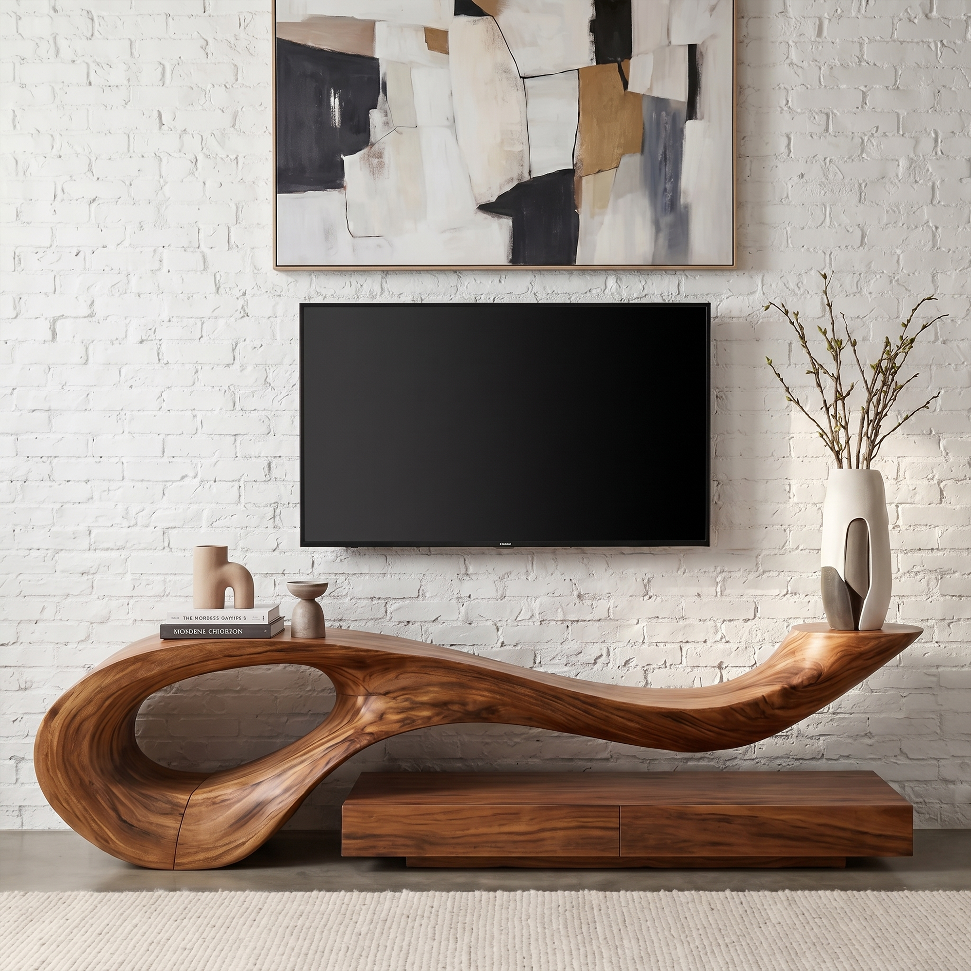 Sculptural TV Cabinet With Unique Flowing Curve Wood Base And Solid Wood Media Console For Living Room SINLKITC036