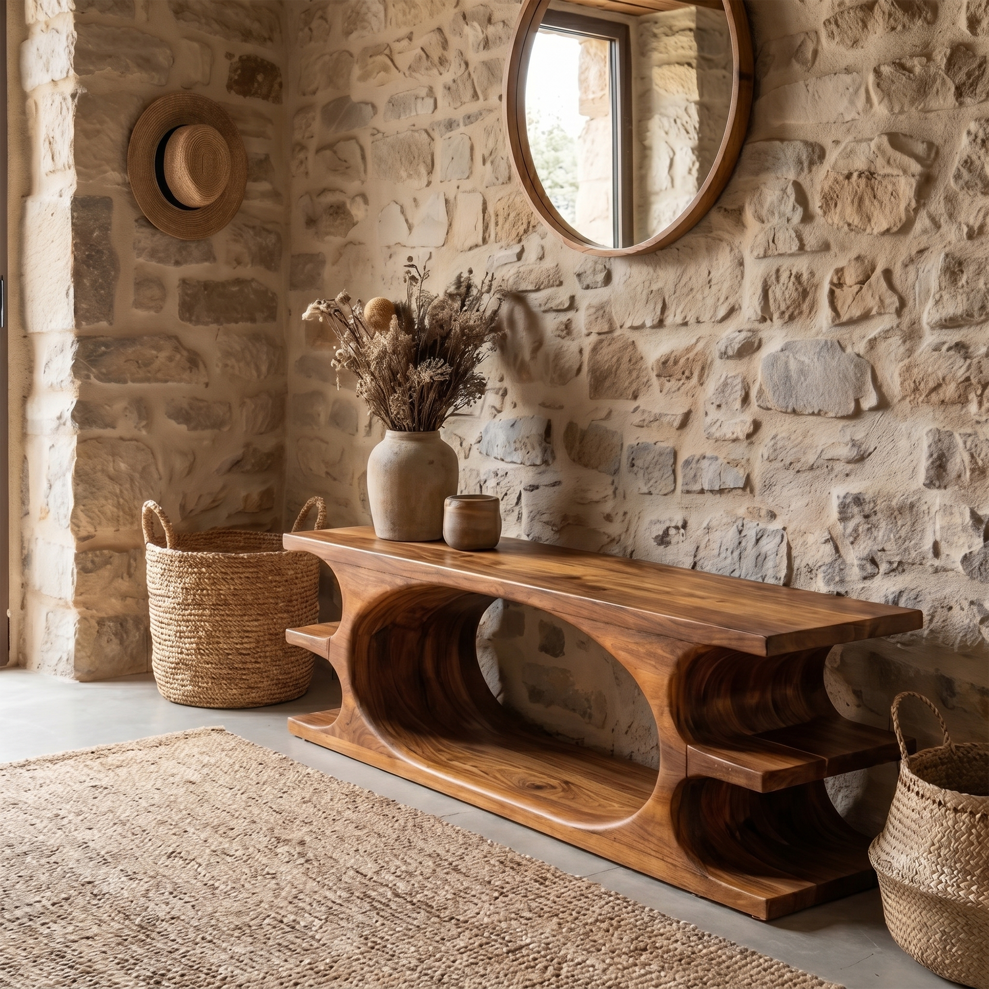 Organic Sculptural Wooden Bench With Flowing Curved Base For Living Room And Entryway SINLKIRS106