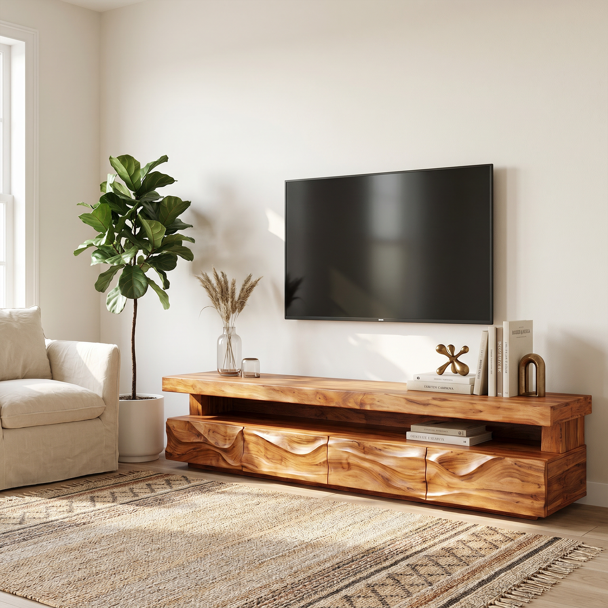 Modern TV Stand With Hand Carved Solid Wood Front And Media Storage For Living Room SINLKITC049