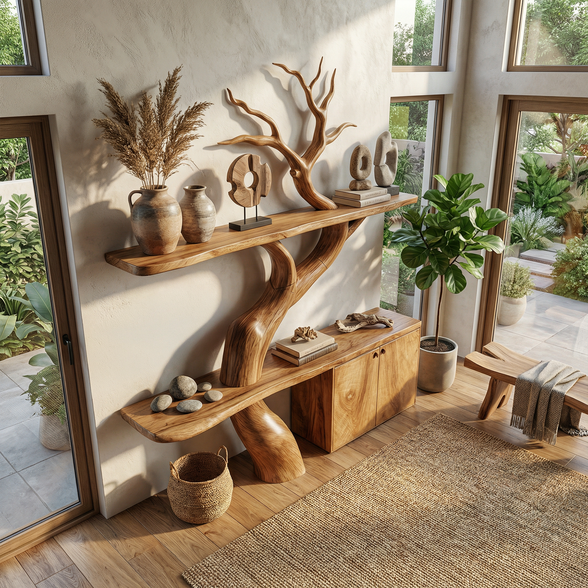 Rustic Tree Branch Bookshelf With Storage Cabinet For Living Room And Bedroom Space SINLKITB714