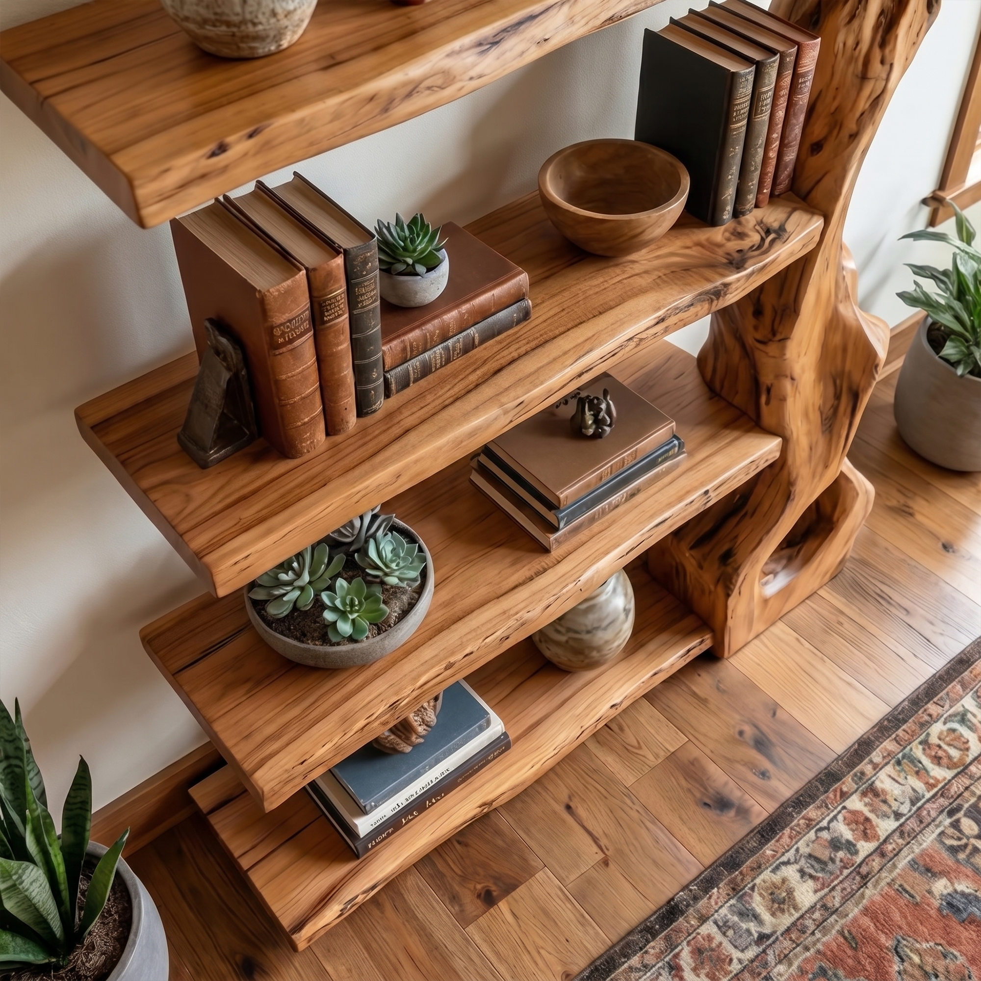 Rustic Tree Bookshelf With Handcrafted Branch Base And Open Shelves SINLKITB739