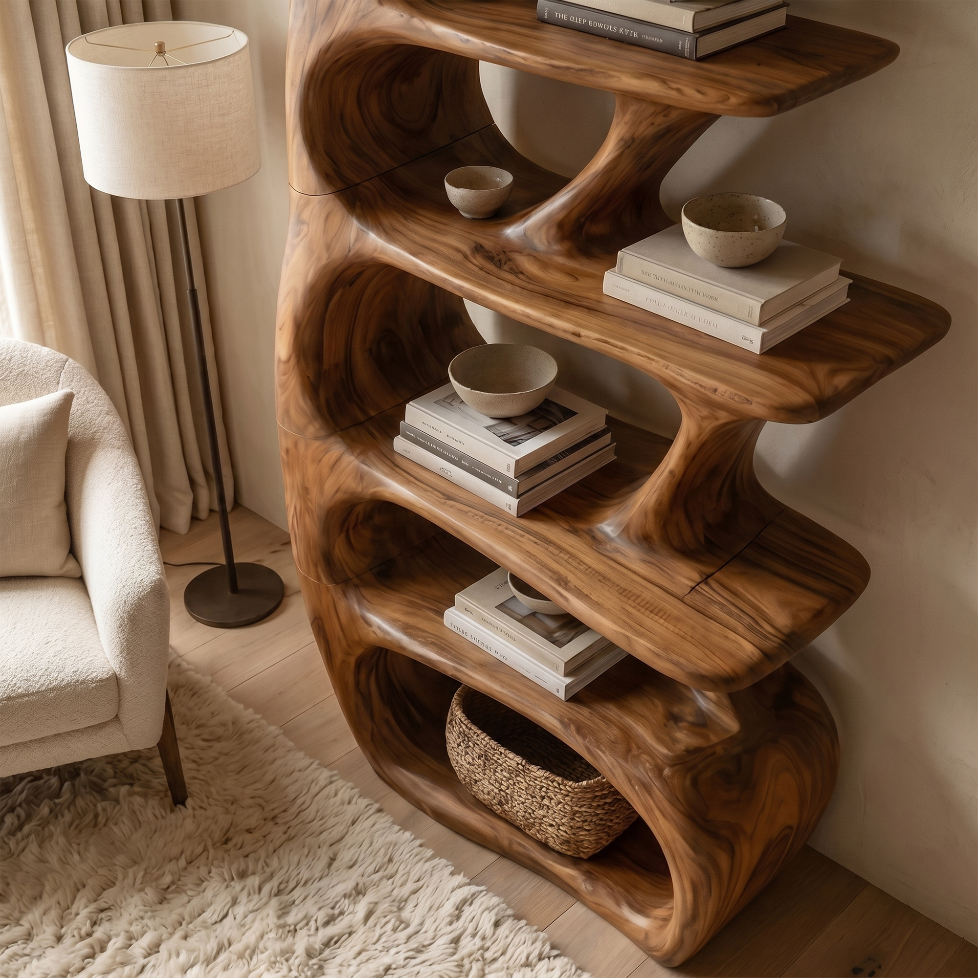 Sculptural Bookshelf With Tree Inspired Curved Shelves And Solid Wood Frame For Living Room SINLKIBS033