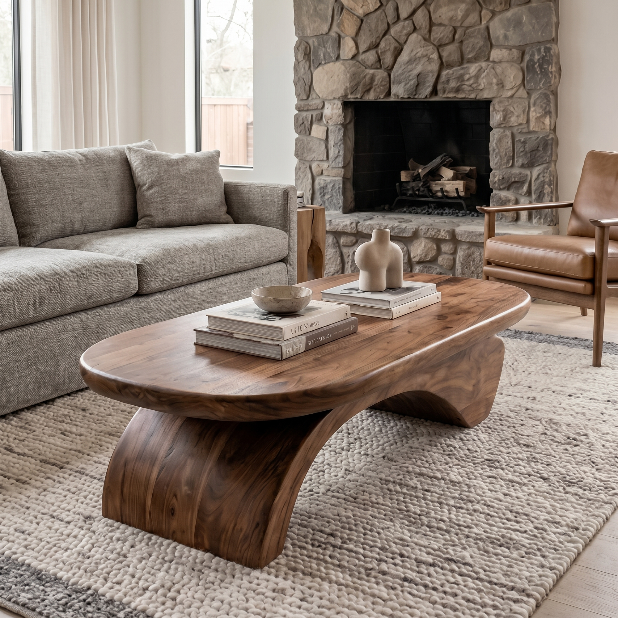 Rustic Live Edge Coffee Table With Artistic Curved Wood Pedestal For Living Room SINLKICF374