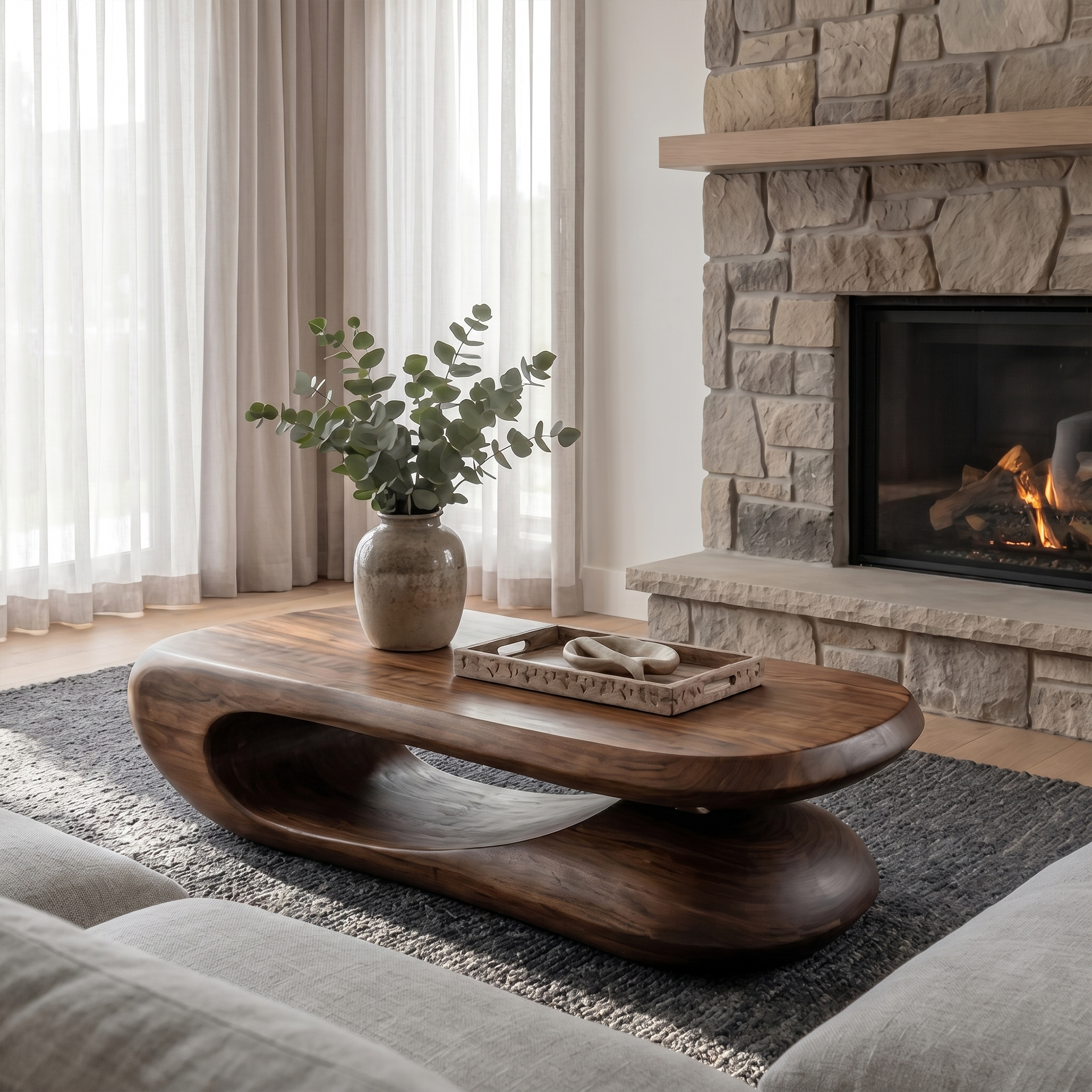 Organic Coffee Table With Flowing Monolithic Wood Form For Living Room SINLKICF375