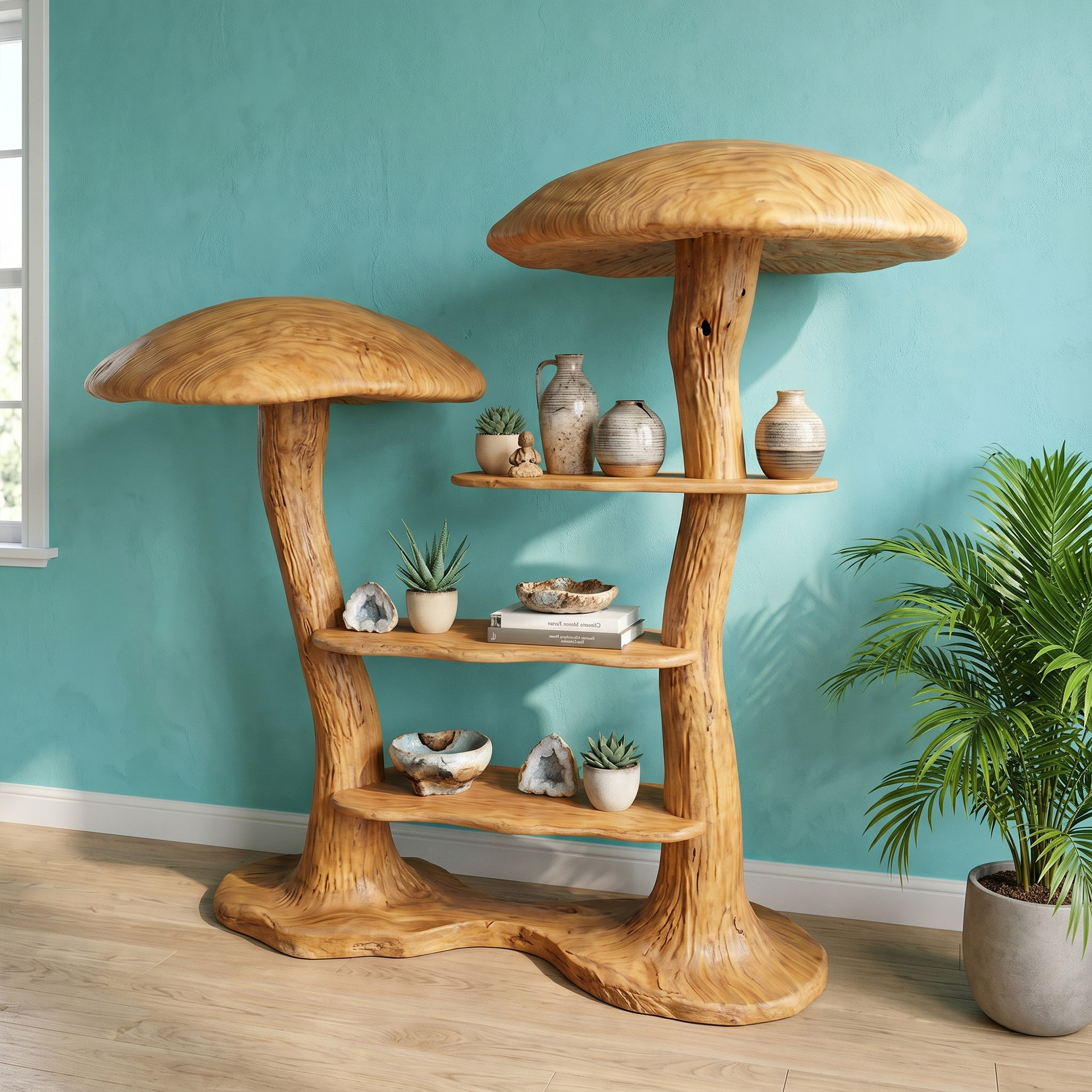 Organic Modern Mushroom Bookcase With Sculptural Solid Wood Form For Living Room SINLKITB742