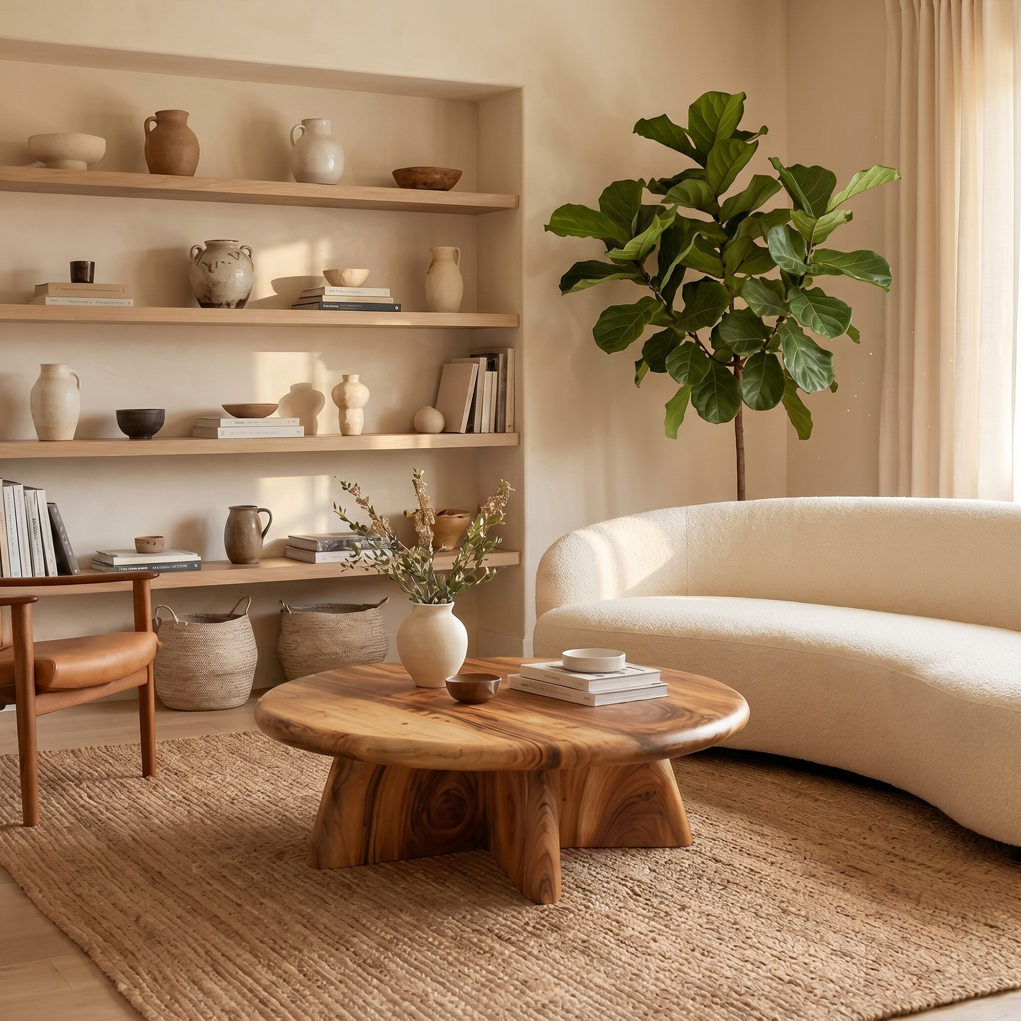 Rustic Coffee Table With Solid Wood Stump Base For Living Room SINLKICF377