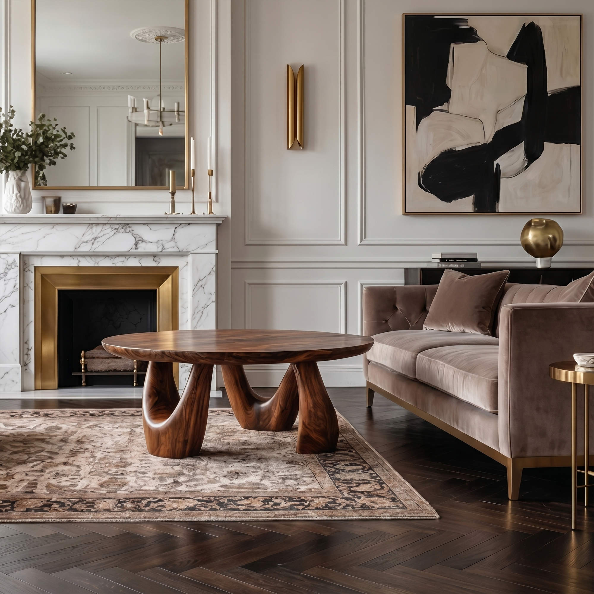 Organic Coffee Table With Freeform Live Edge Top And Sculptural Loop Wood Base For Living Room SINLKICF378