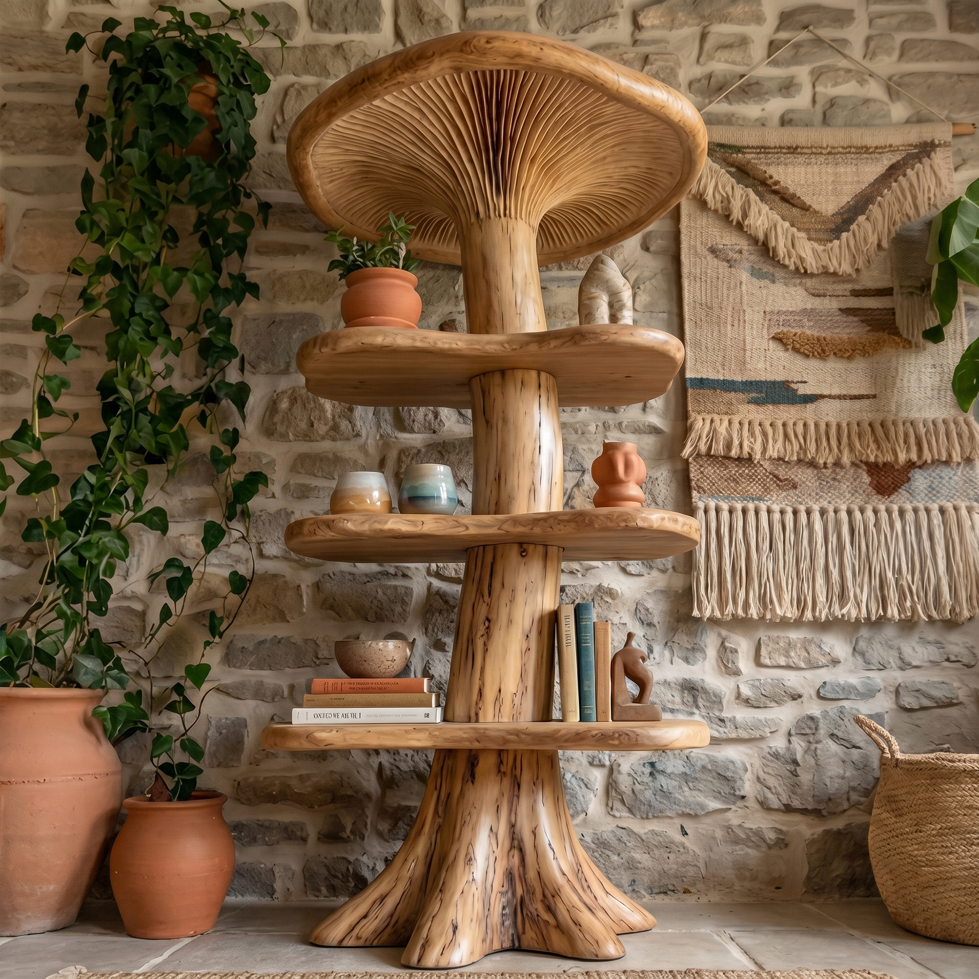 Organic Mushroom Bookshelf With Handcrafted Solid Wood Shelves For Living Room SINLKITB745