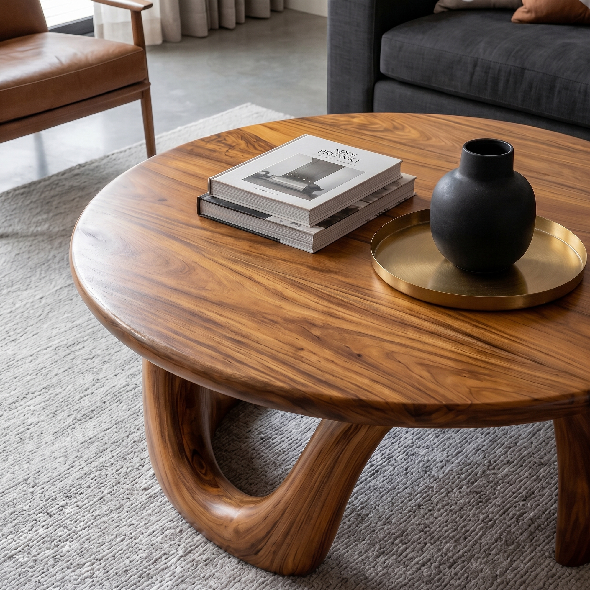 Organic Modern Coffee Table With Round Wood Top And Artistic Curved Base For Living Room SINLKICF379