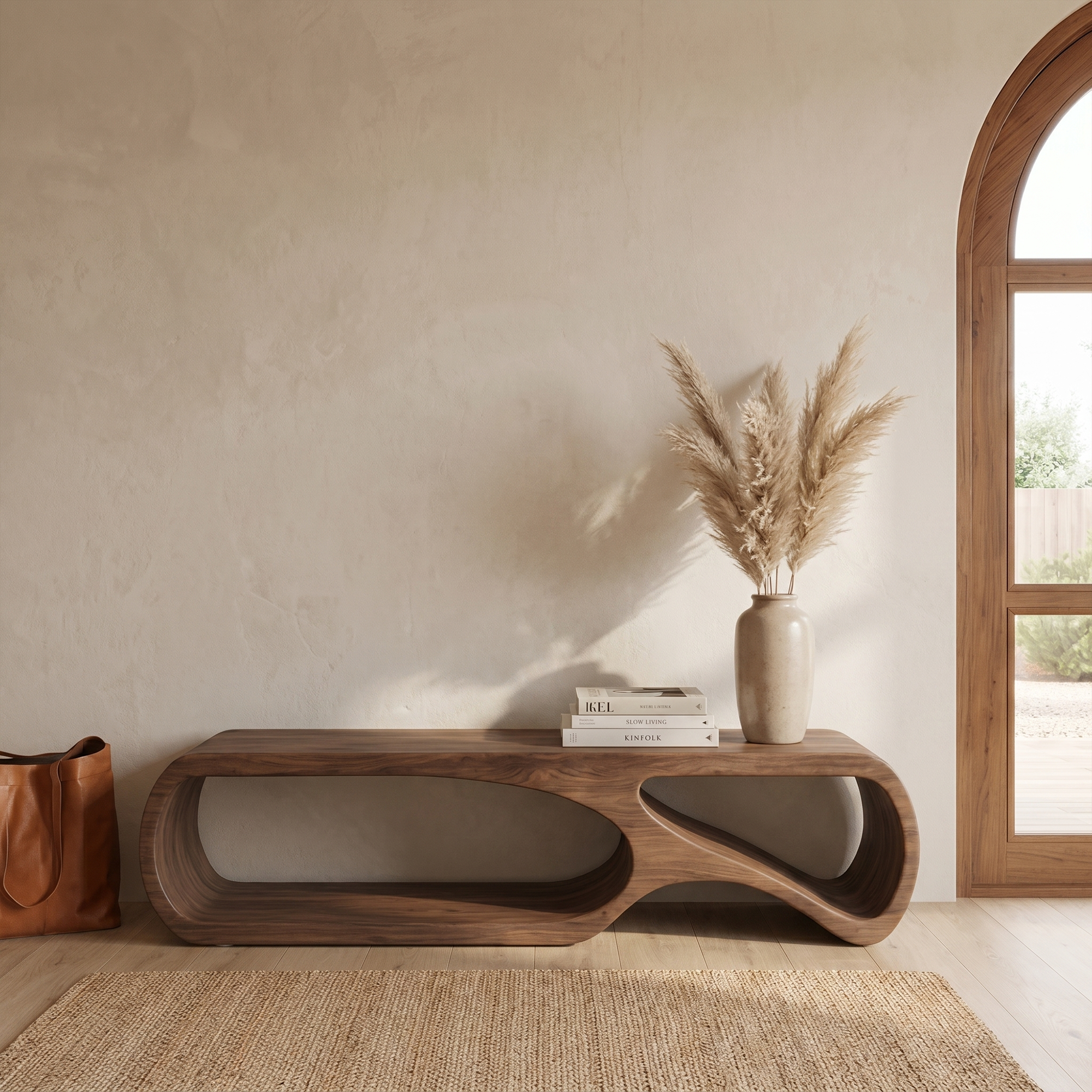 Sculptural Bench With Curved Open Storage Base For Entryway SINLKIRS115