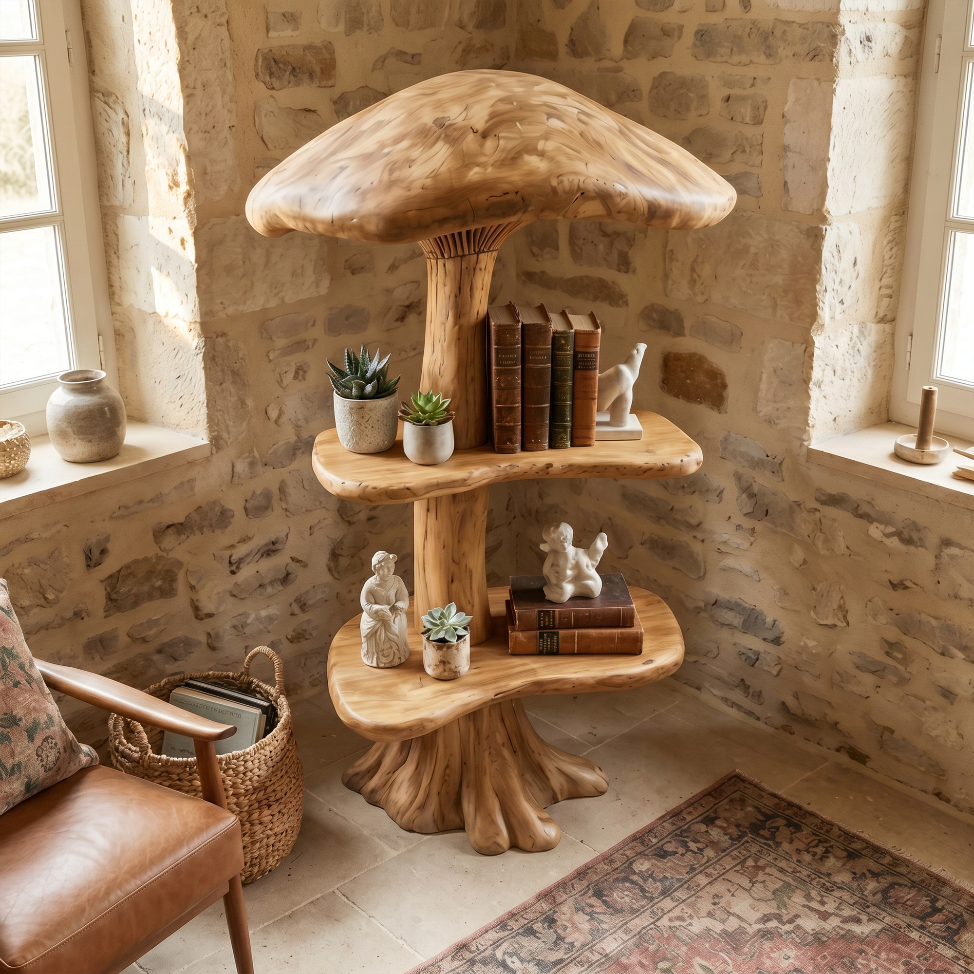 Organic Mushroom Display Bookshelf With Solid Wood Shelving For Living Room SINLKITB746