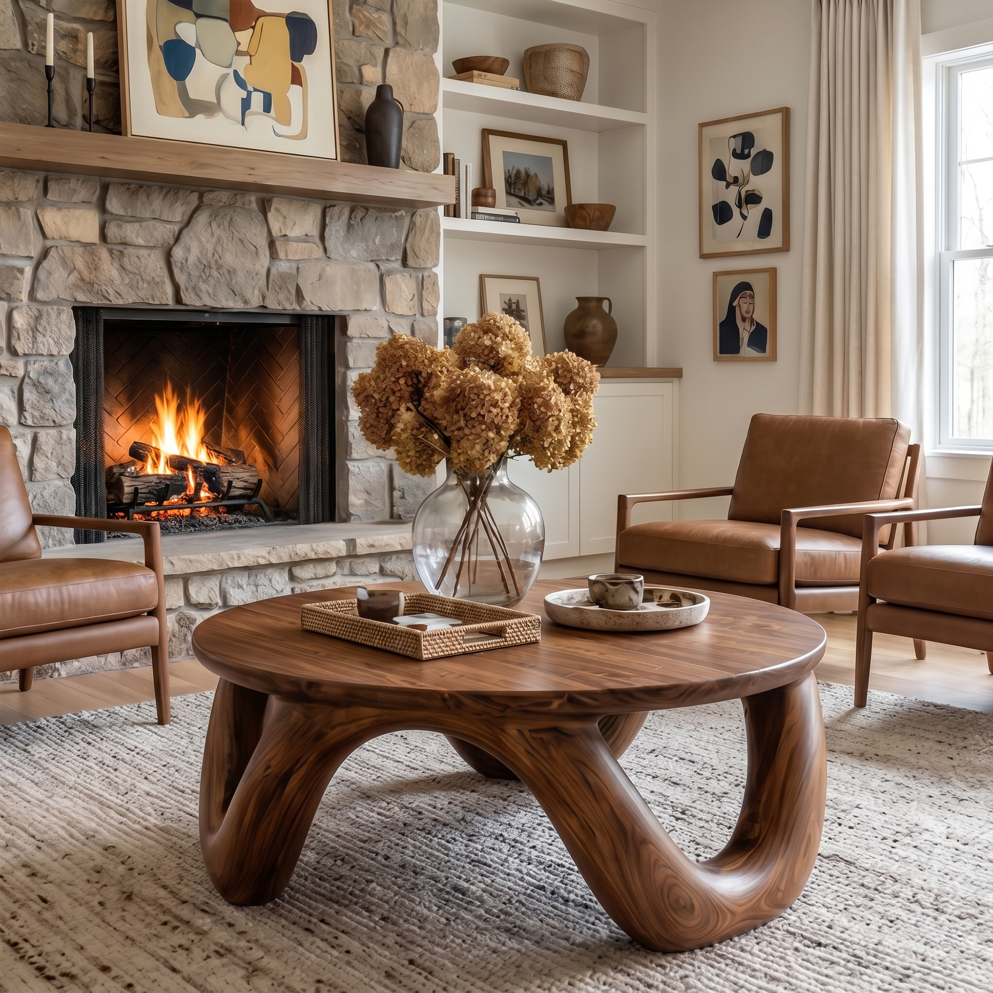 Modern Coffee Table With Round Solid Wood Top And Artistic Sculptural Base For Living Room SINLKICF380
