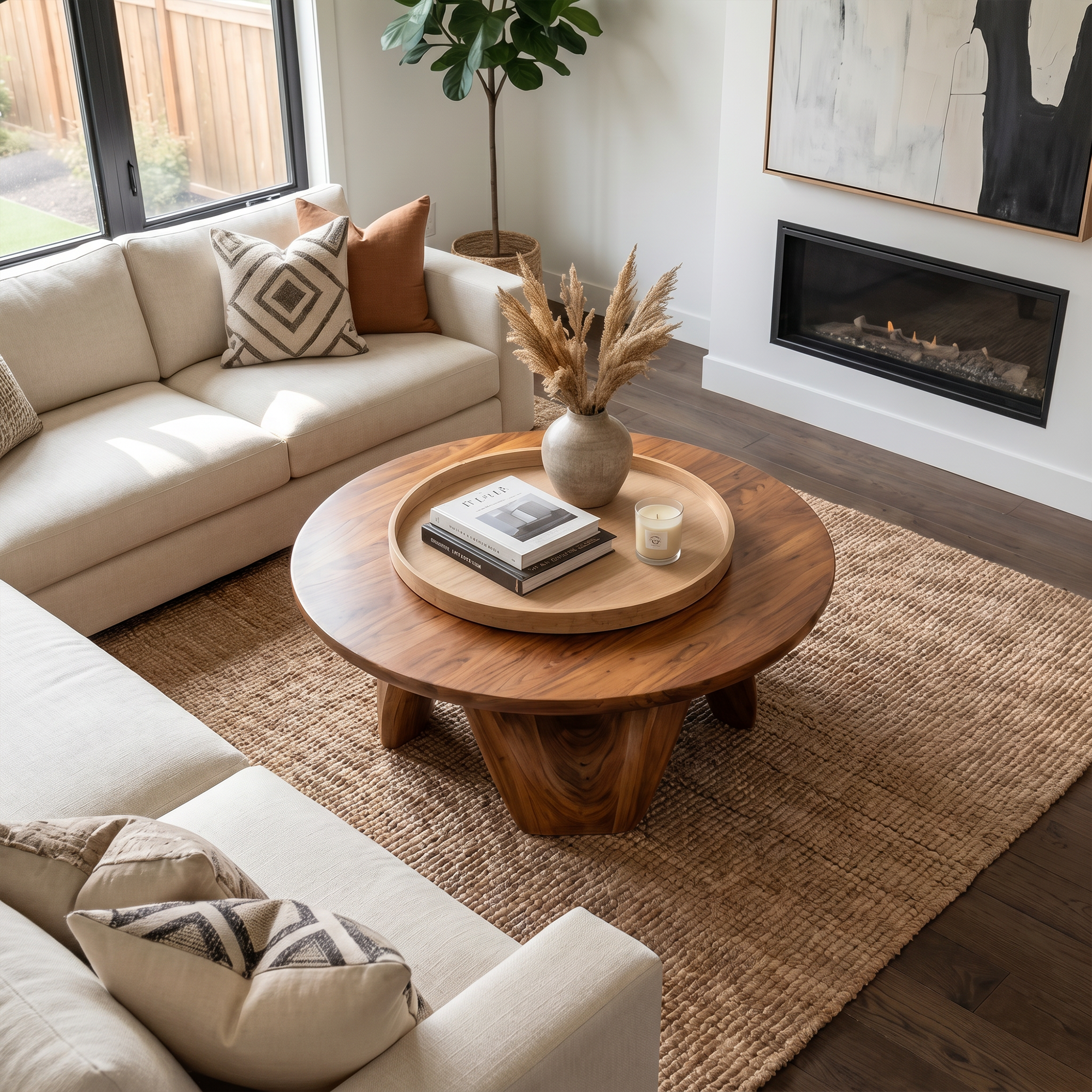 Rustic Coffee Table With Sculptural Solid Wood Base And Round Live Edge Top For Living Room SINLKICF381