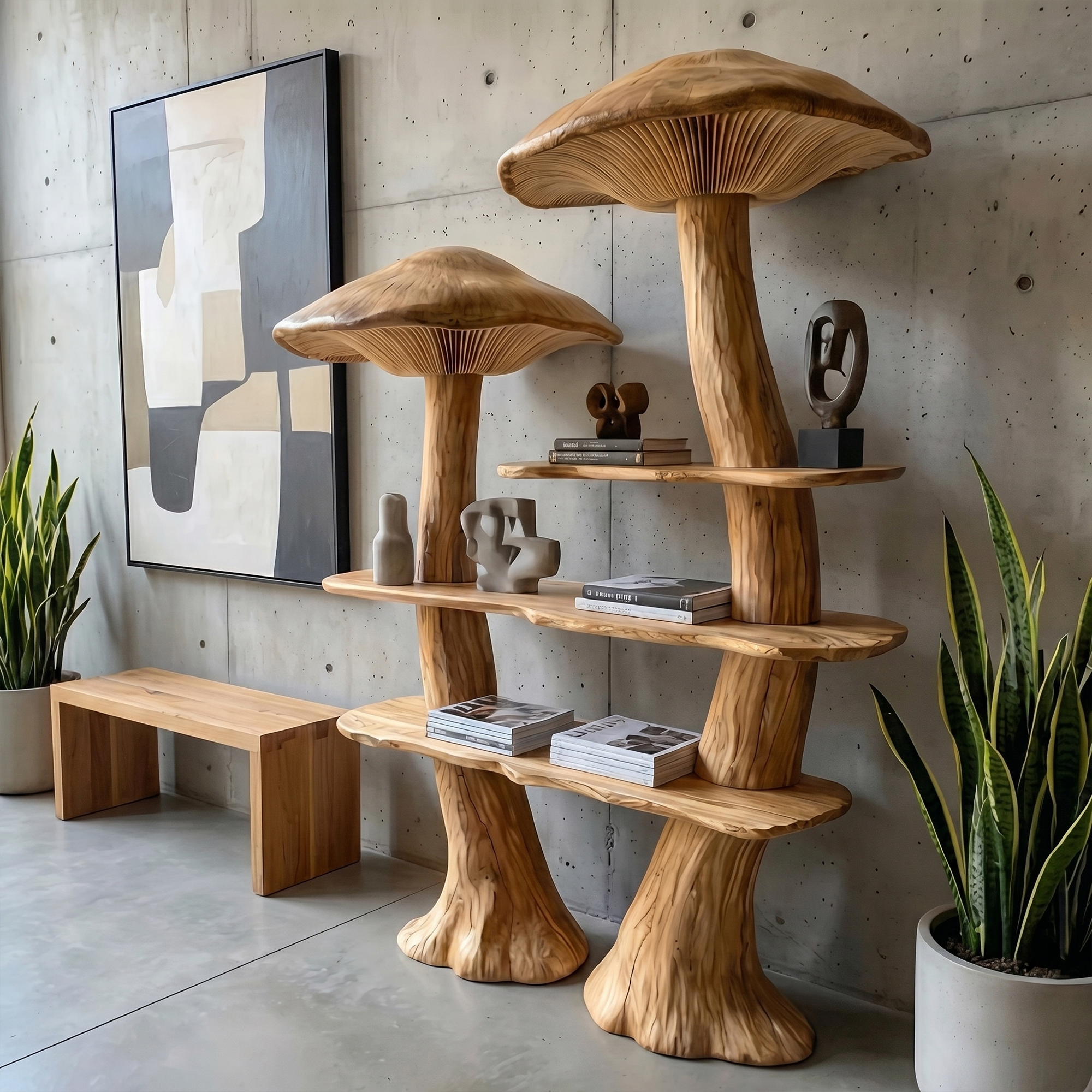 Rustic Mushroom Bookshelf With Tree Trunk Base And Solid Wood Shelves For Living Room SINLKITB748